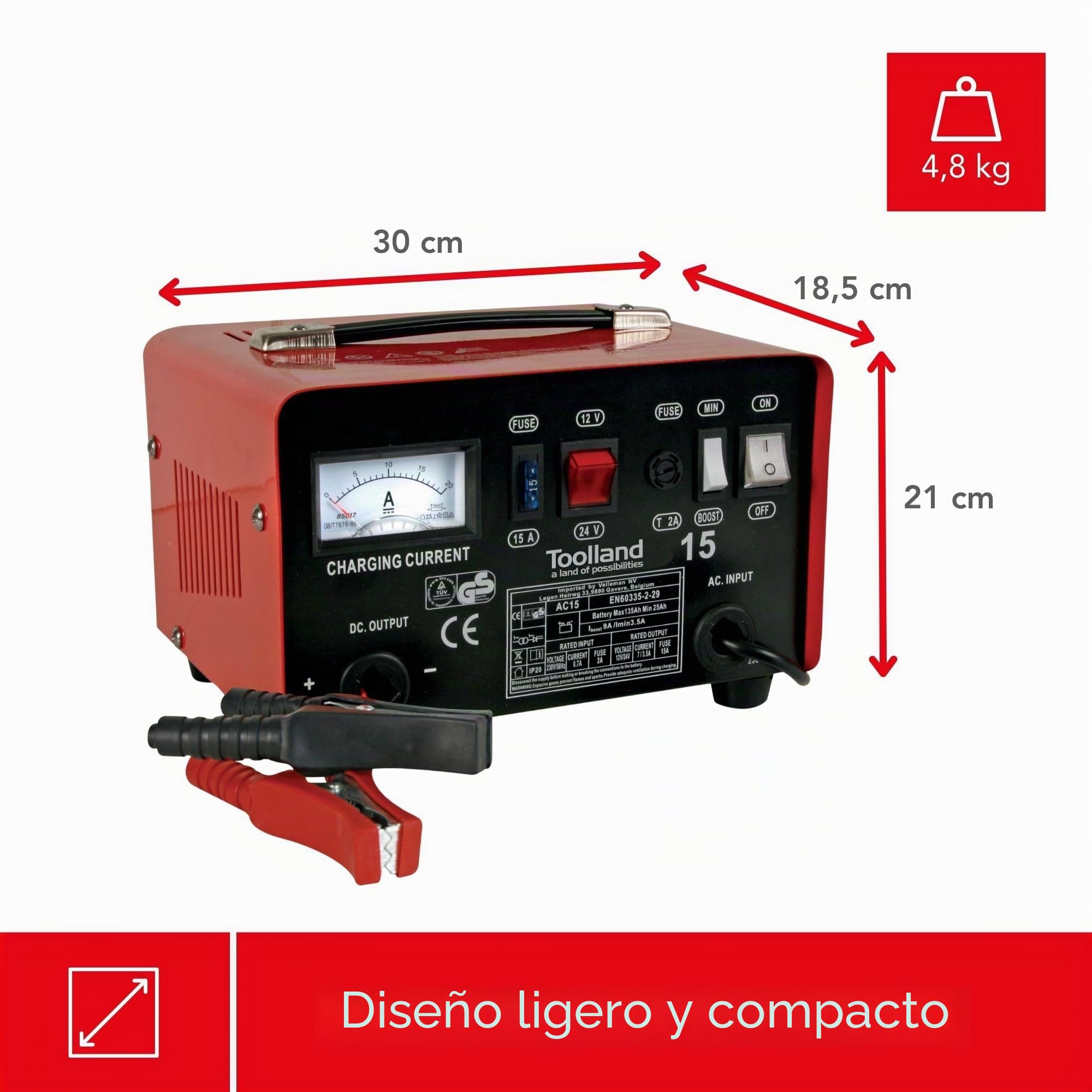 Toolland Cargador de bateria 12V 24V 7A, con arrancador 9A, para baterias de Plomo y Gel 25-135Ah, amperimetro, Proteccion contra sobrecarga, Carcasa Metalica, para Moto Tractor Coche Furgoneta Barco