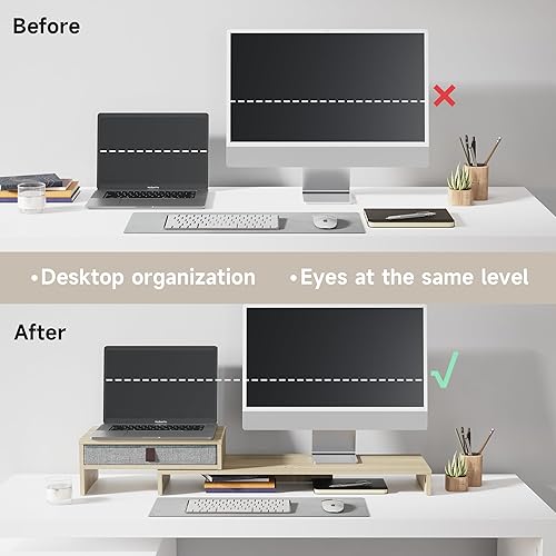 Miniatura 2 de Fenge Soporte elevador para monitor de computadora con cajón para 2 o 3 monitores, longitud y ángulo ajustables, soporte de computadora portátil,
