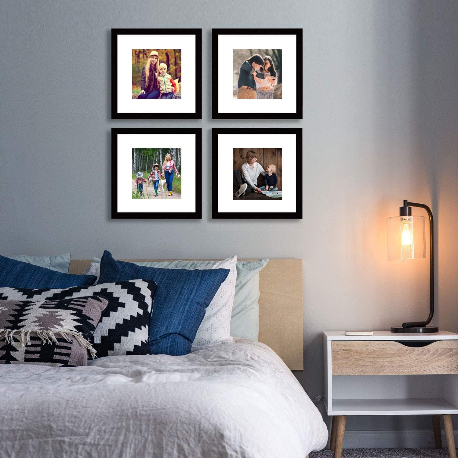 pojah Black 12x12 Picture Frame Set,Square Photo Frame with Mat Display Pictures 8x8 or 12 x 12 Without Mat,PVC Glass,for Wall Home Office Décor（12x12,Black）