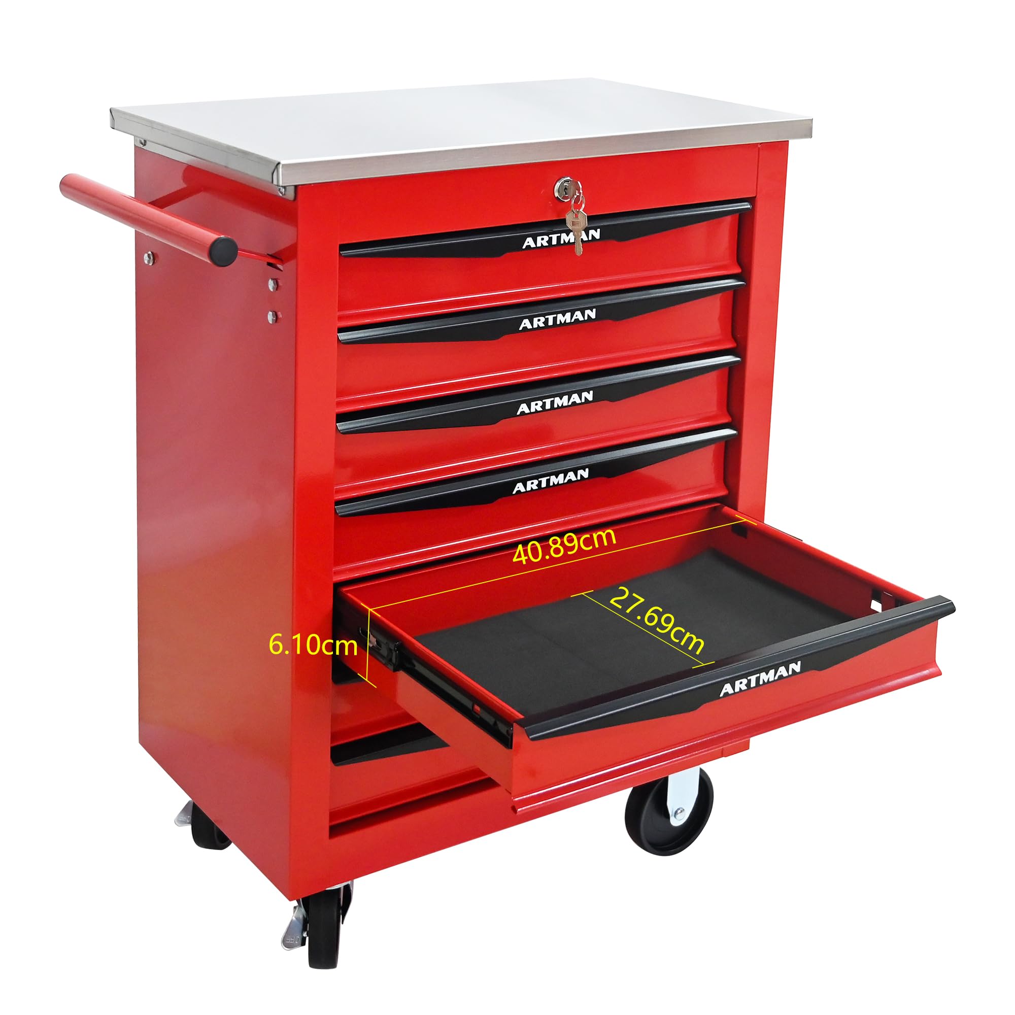 Generisch Carrello portautensili a 7 cassetti in metallo con scivolo a sfera, 4 ruote e serratura a chiave, ideale per garage e officina (56,6 x 34,5 x 78,0 cm, rosso e nero)