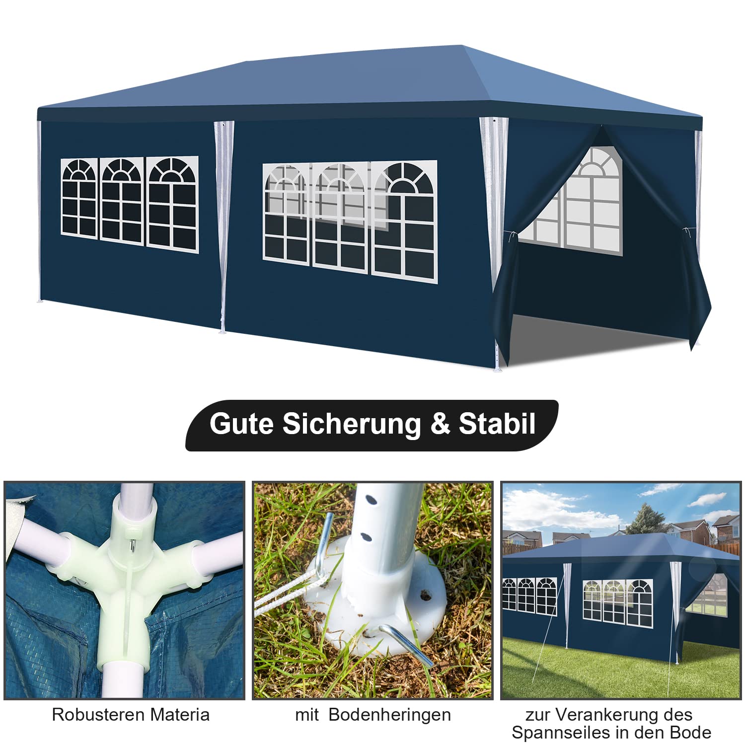 Gimisgu Pavillon Wasserdicht Gartenpavillon 3x6m UV-Schutz mit 6 Seitenteilen und Fenstern Hochwertiges Partyzelt Gartenzelt Blau für Garten Party Familientreffen