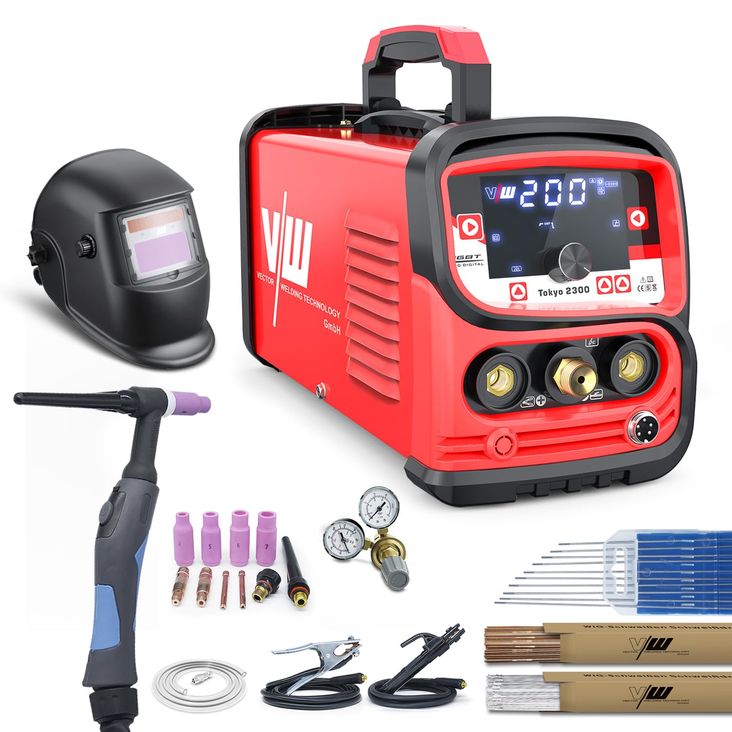 Saldatrice TIG DC e MMA 200A Kit Completo - Tokyo 2300, con Elmetto, Funzione Pulse, IGBT, per Lavori Professionali e Fai da Te - VECTOR WELDING