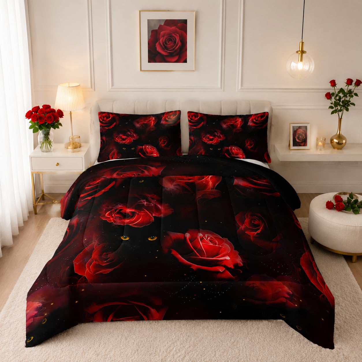 Nttopship Red Rose Comforter Set Full Size Black Cat Bedding Set,3D Cat Comforter Set for Kids Girls Boys,Red Rose Pattern Printed Bedding Down Comforter with 2 Pillowcases