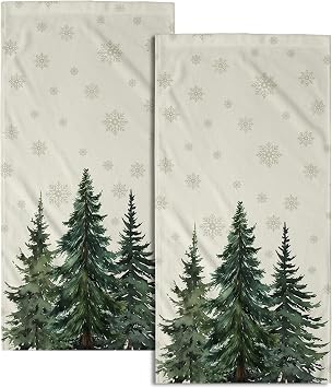Winter Trees Hand Towels Set of 2, 28x14 Inch Nature Snow Pine Tree Xmas Beige Absorbent Microfiber Fingertip Towel Wash Cloths for Bath Kitchen Yoga Spa Face Hair