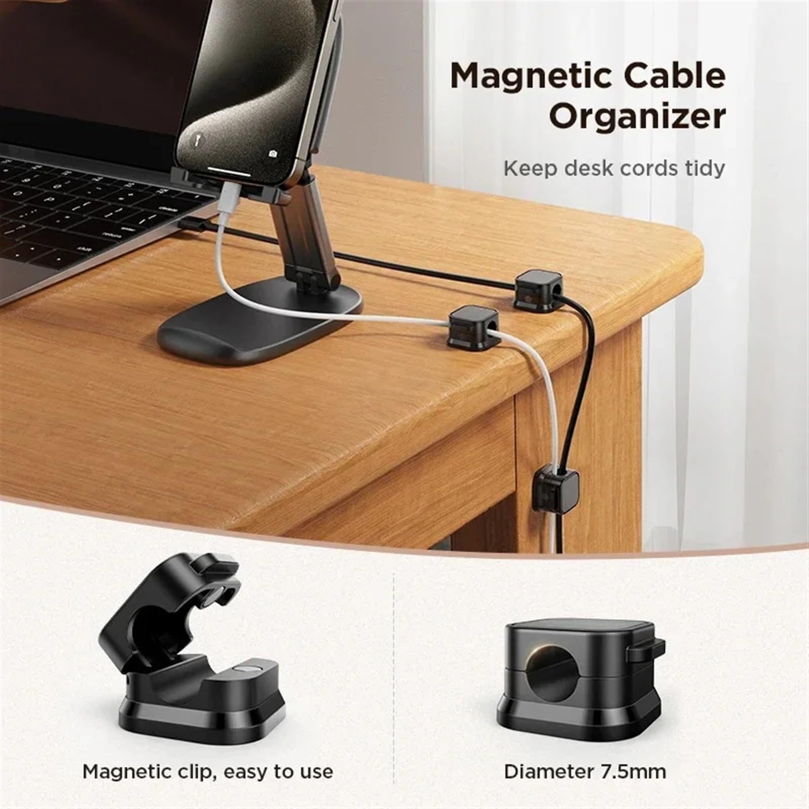 12 Stück/magnetische Kabelclips, glatter, Verstellbarer Kabelhalter unter dem Schreibtisch, Kabelmanagement, Drahthalter, Kabel-Organizer-Halter(Black)