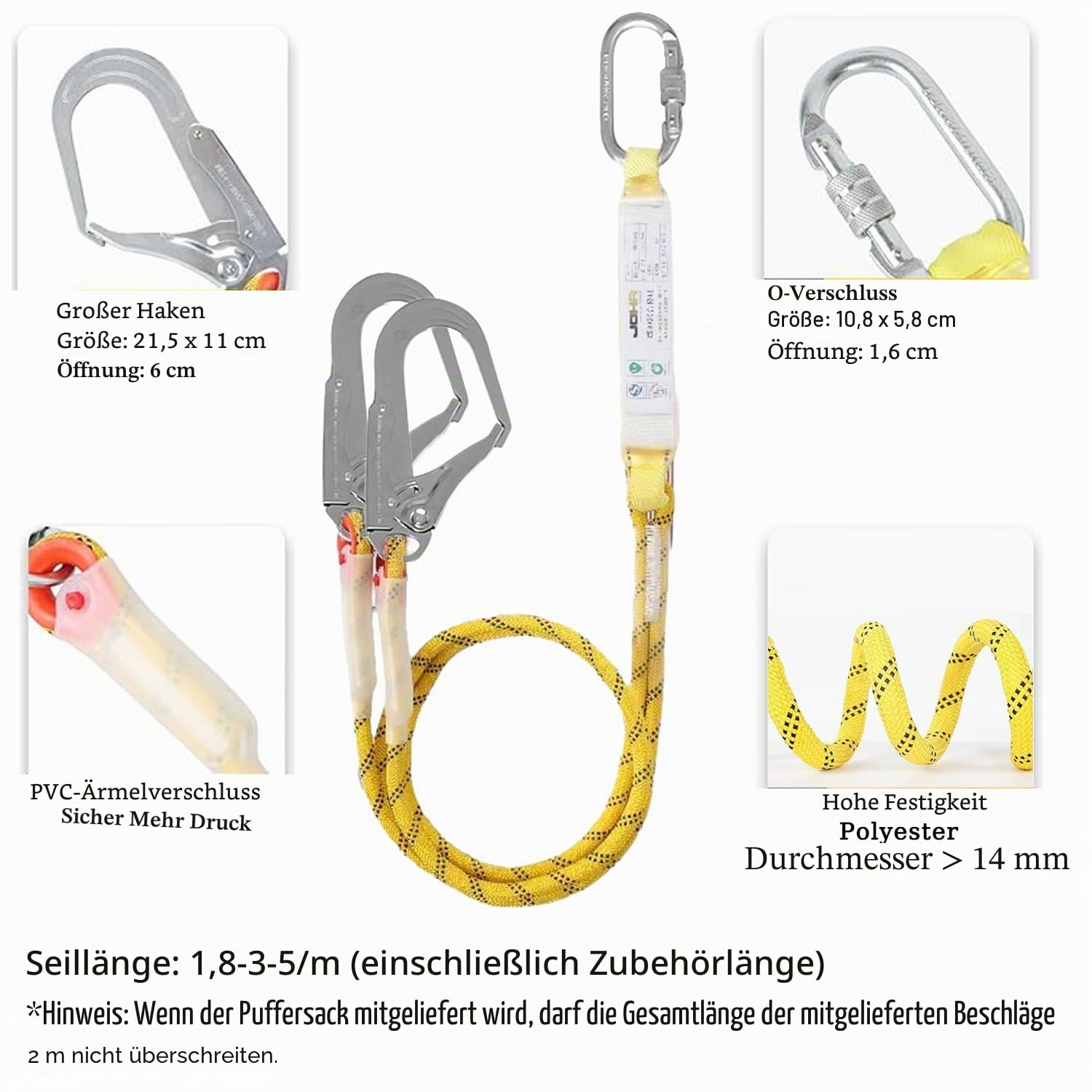 CHAMSUREUK Höhensicherheitssicherungs-Set, 5-Punkt-Sicherheitsgurt, Universalgröße, bewertet bis 100 kg, mit 2 großen Schnallen und 2 2 m Umhängebändern, zugelassen EN355, EN354 und EN361