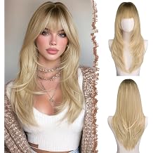 FESHFEN Straight Sleek Layered Wigs with Bangs for Women - Natural Synthetic Long Hair Wig for Daily Party Use 24 inch