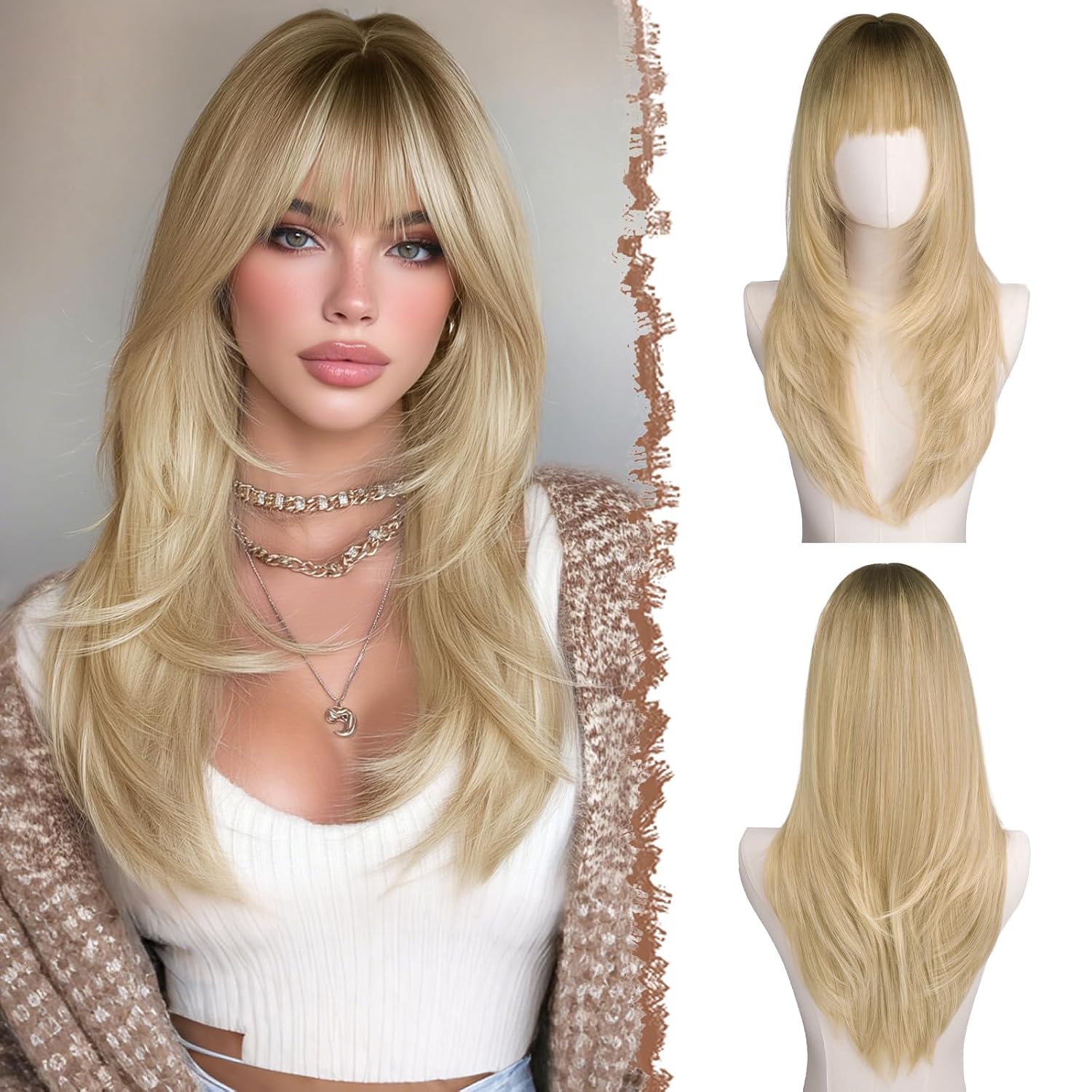 FESHFEN Straight Sleek Layered Wigs with Bangs for Women - Natural Synthetic Long Hair Wig for Daily Party Use 24 inch