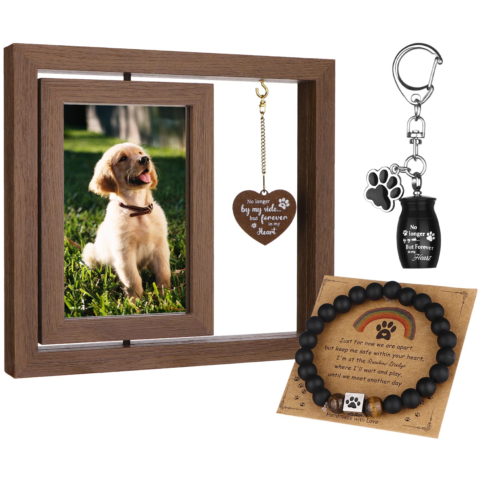 Kklolai 3 Pcs Dog Memorial Gifts for Loss of Dog Sets 4x6”Rotating Wooden Memorial Photo Frame with 8MM Rainbow Bridge Bracelet Pet Ashes Keepsake Keychain for Beloved Cats Dogs Bereavement Gifts