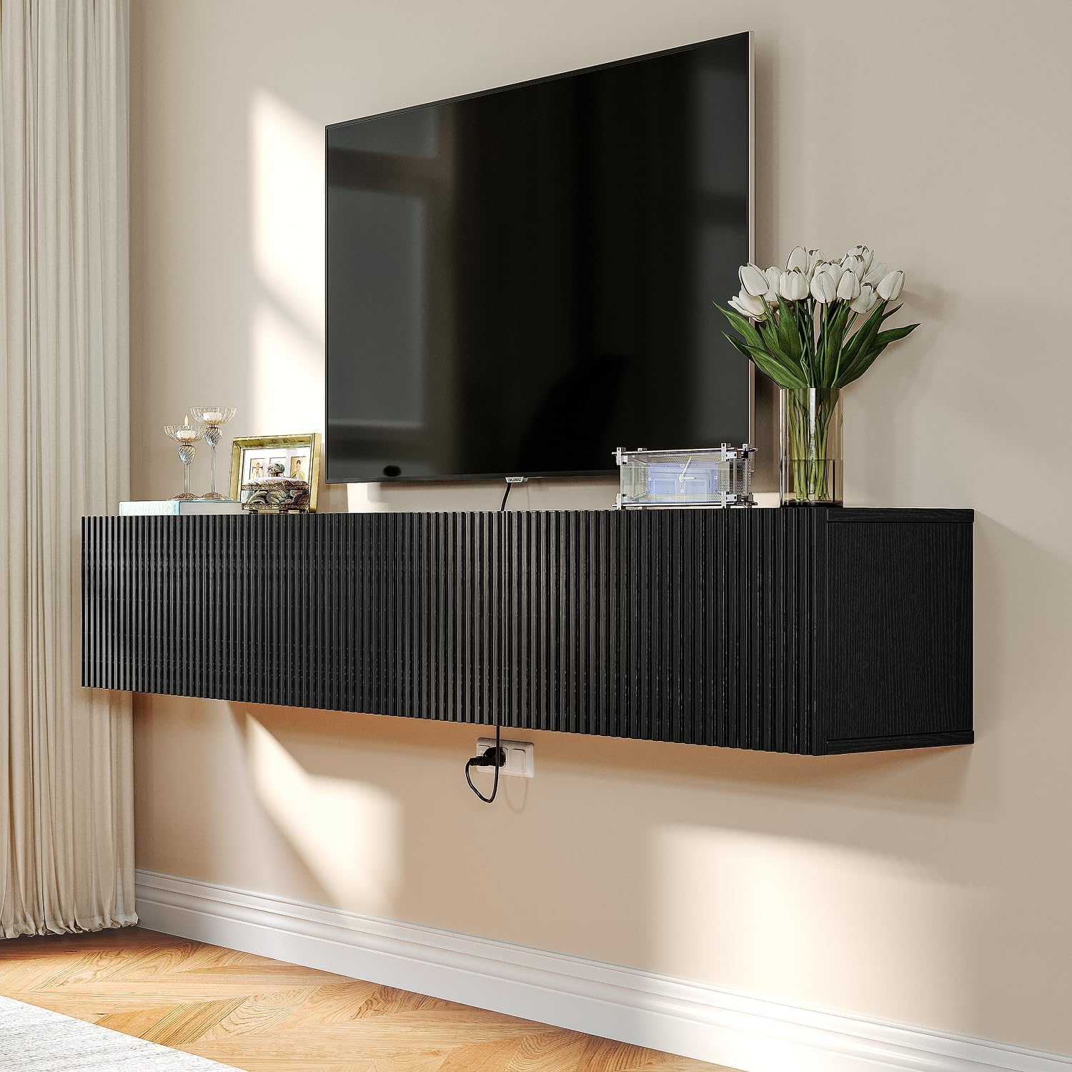 Modern Slatted Floating TV Stand with 3 Doors, 55IN Wall Mounted TV Cabinet, Floating Media Console Entertainment Center with Storage, Under TV Shelf for Bedroom Living Room,Black