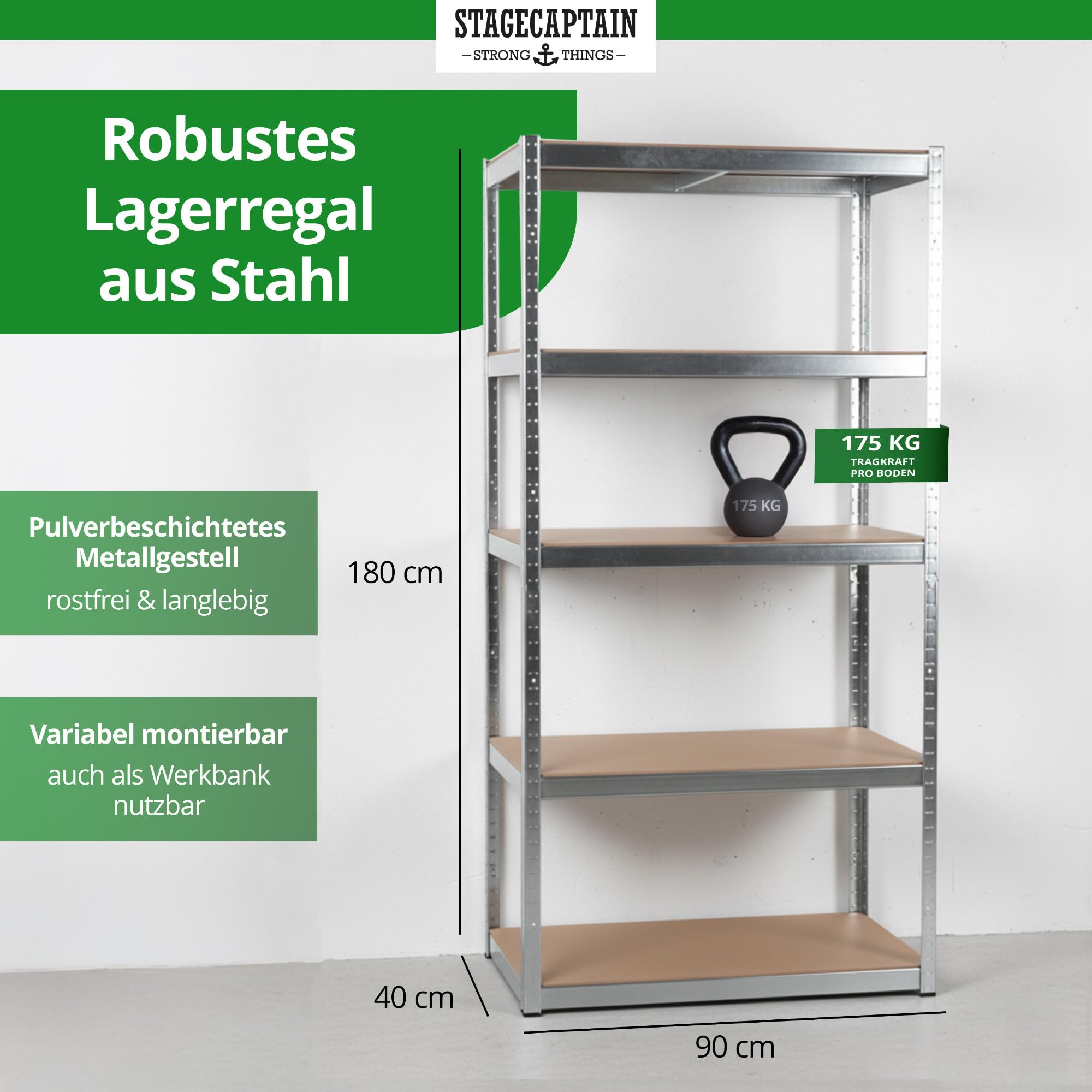 Stagecaptain Heavyrack HR-175 SR Ensemble de 4 Étagères Rangement - Charge Lourde à 5 étages de 175 kg - 875 kg Max - Meuble de Garage Atelier en Acier et Bois MDF - Argent