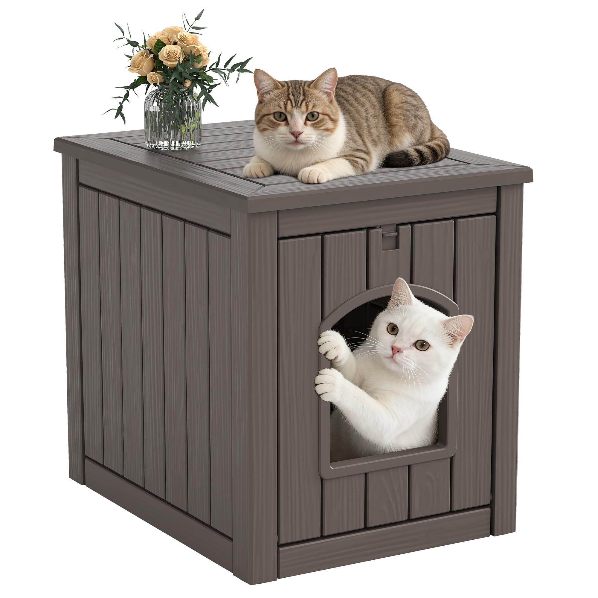 Cat Litter Box Enclosure, Feral Outdoor Cat Enclosure Weatherproof for Winter Outside, Litter Box Furniture Fit Litter Box, Sturdy Resin Shelter for Living Room, Easy to Assemble, Grey
