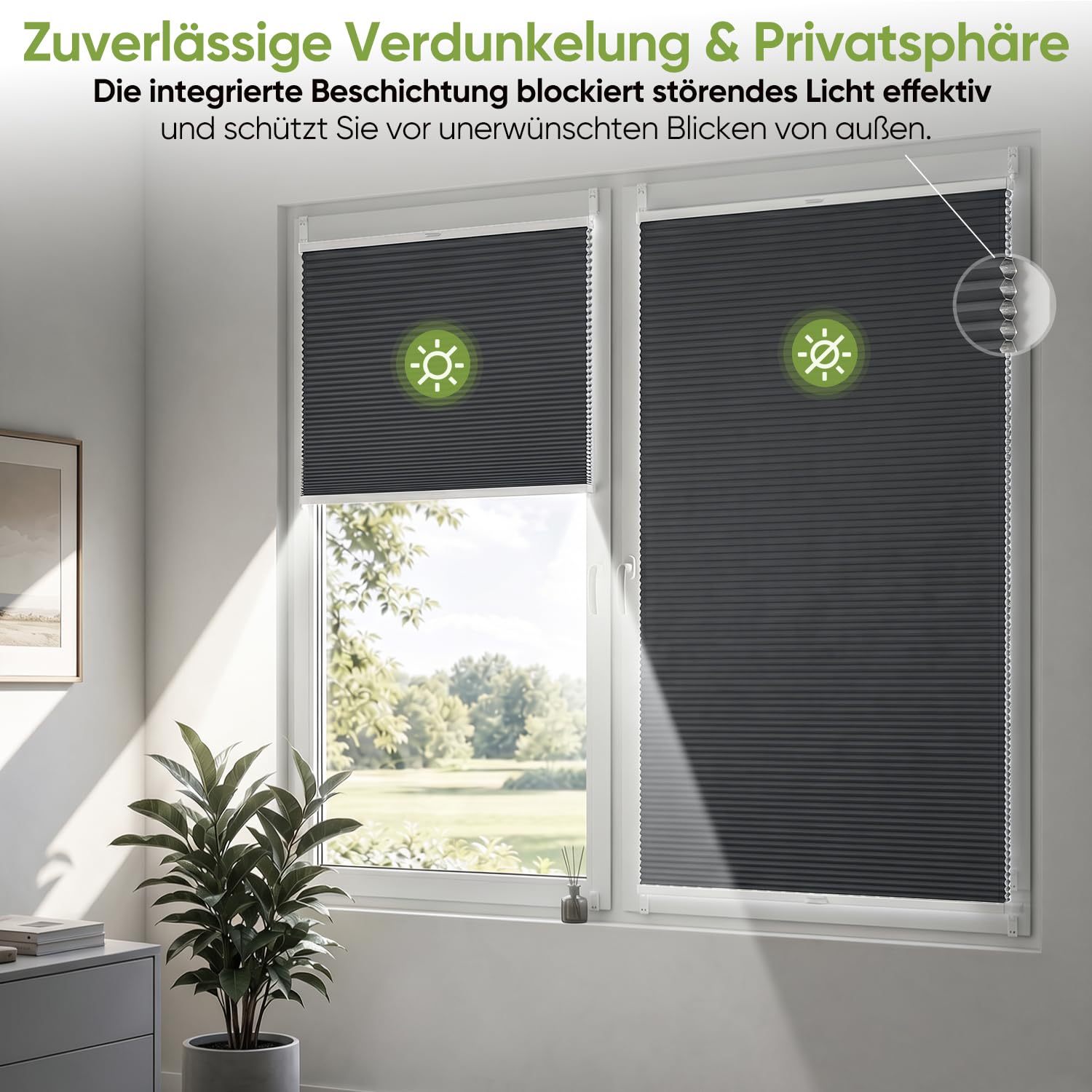 SALCAR Wabenplissee ohne Bohren Verdunkelung, Thermo Doppelplissee Klemmfix Up & Down, Hitze- & Schallschutz Plissee Faltrollo für Fenster und Türen, Zweifarbig (Weiß/Anthrazit), B 100 x H 120 cm