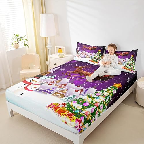 Miniatura 3 de Manfei Sábana bajera ajustable de Navidad, tamaño individual, juego de ropa de cama de árbol de Navidad de muñeco de nieve, 2 piezas para decoración