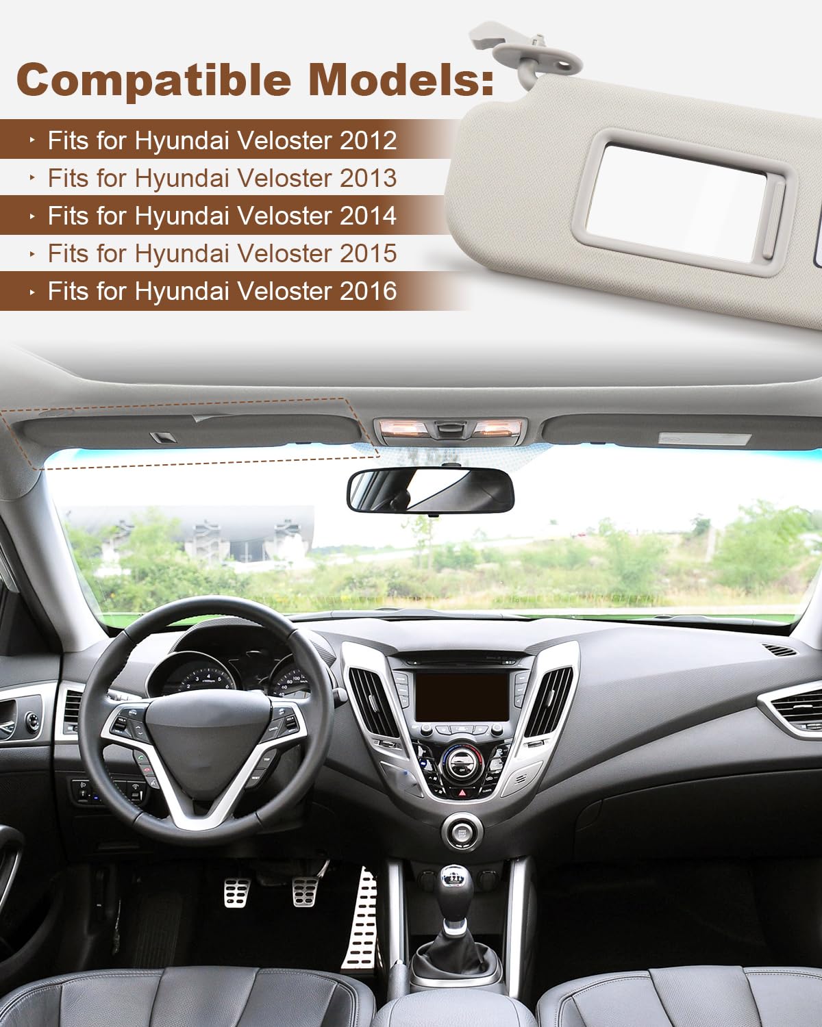 JUWEVAZU Gray Driver Side Sun Visor Fit for Hyundai Veloster 2006 2007 2008 2009 2010 2011 2012 2013 2014 2015 2016, Replace 85210-2V330-TX 852102V330TX Front Left Sun Protection Visor