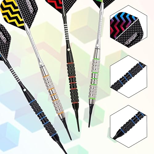 Miniatura 9 de Turnart Juego de dardos profesionales de punta suave para diana electrónica – 12 piezas, 0.63 oz con 50 puntas adicionales, 24 vuelos, 2 protectores