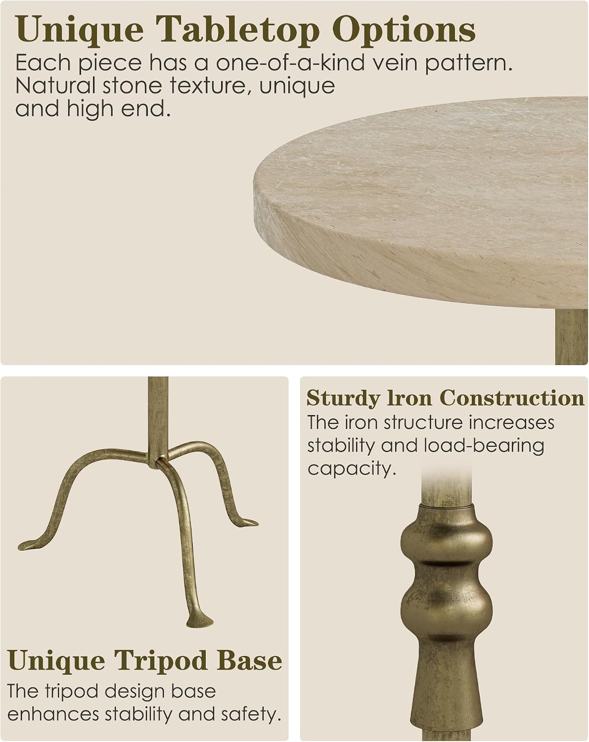 Adjustable Height Round Pedestal Table - 22-30 Inch, Modern Martini Cocktail End Table with Natural Travertine Top & Antique Brass Base for Small Spaces Living Room, Bedroom (Beige Travertine)