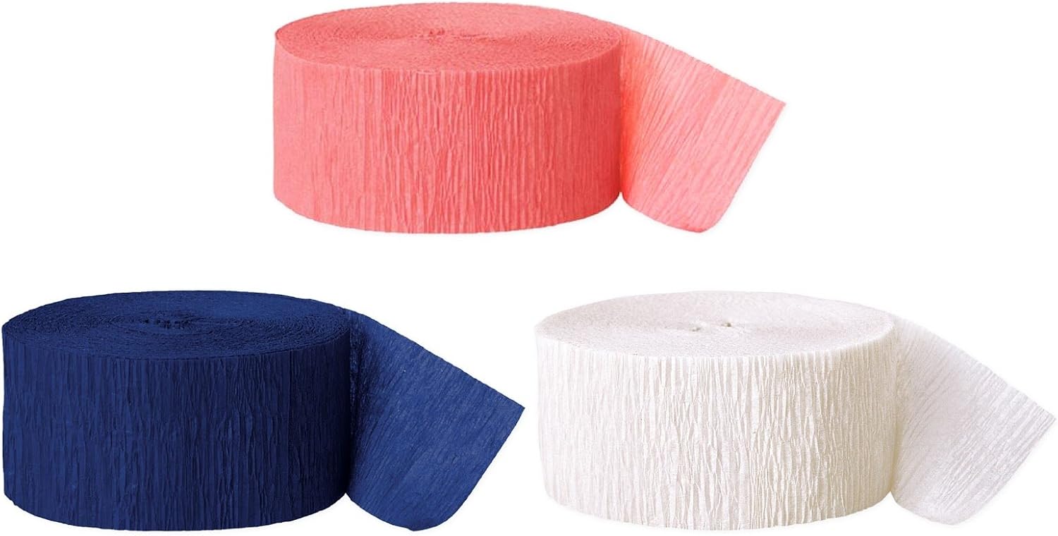 Andaz Press Crepe Paper Streamer Hanging Party Decorations Kit, 240-Feet, Coral, Navy Blue, White, 1-Pack, 3-Rolls, Nautical Colored Wedding Baby Bridal Shower Birthday Supplies