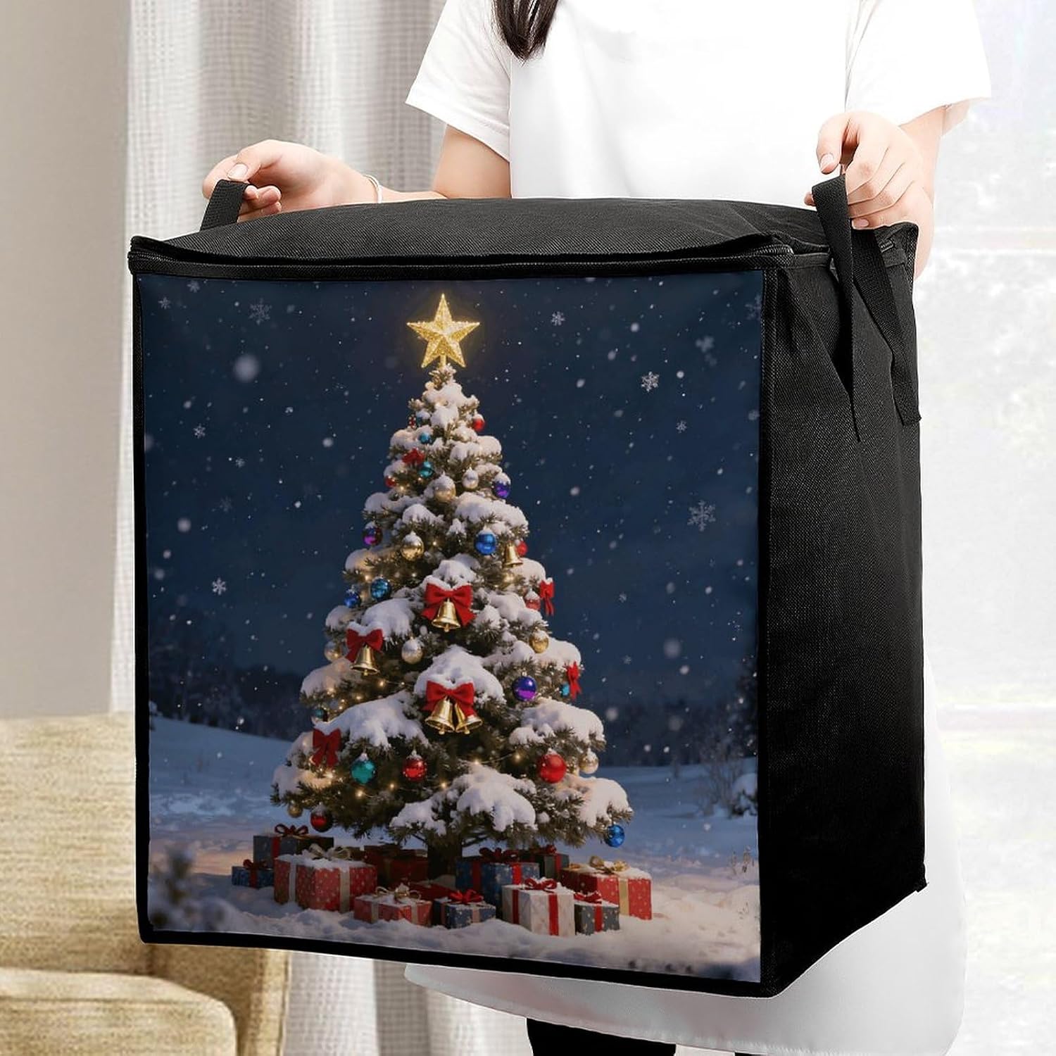 Christmas Tree Storage Bag Storage Boxes with Sturdy Zippered Fashion Breathable Quilt Storage Bags Closet Organizer with Carry Handles for Blanket Pillow Bedding