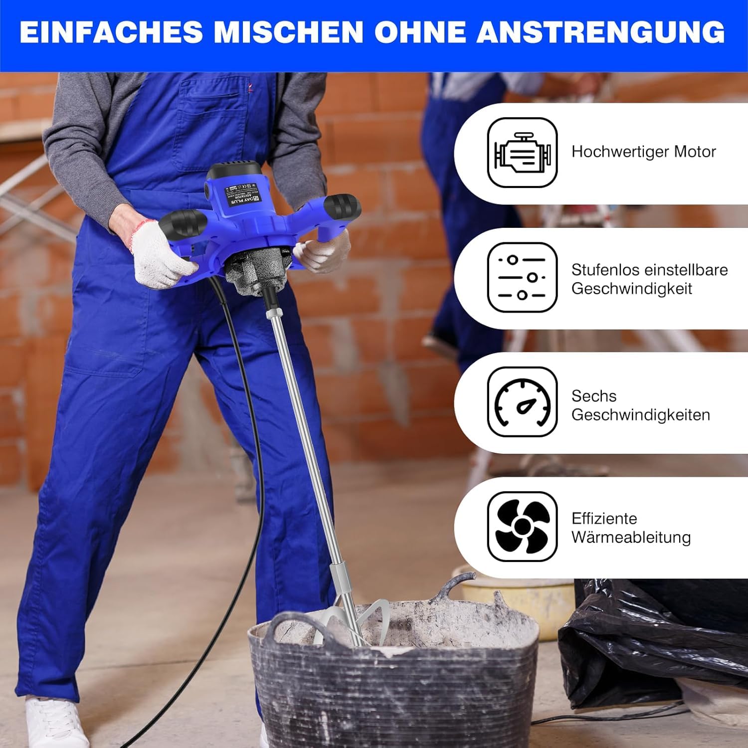 Mezclador de cemento de 3000 W, agitador eléctrico para mortero y pintura, 6 velocidades continuas, ideal para mezclar piensos, yeso, pintura, cemento, mortero y más