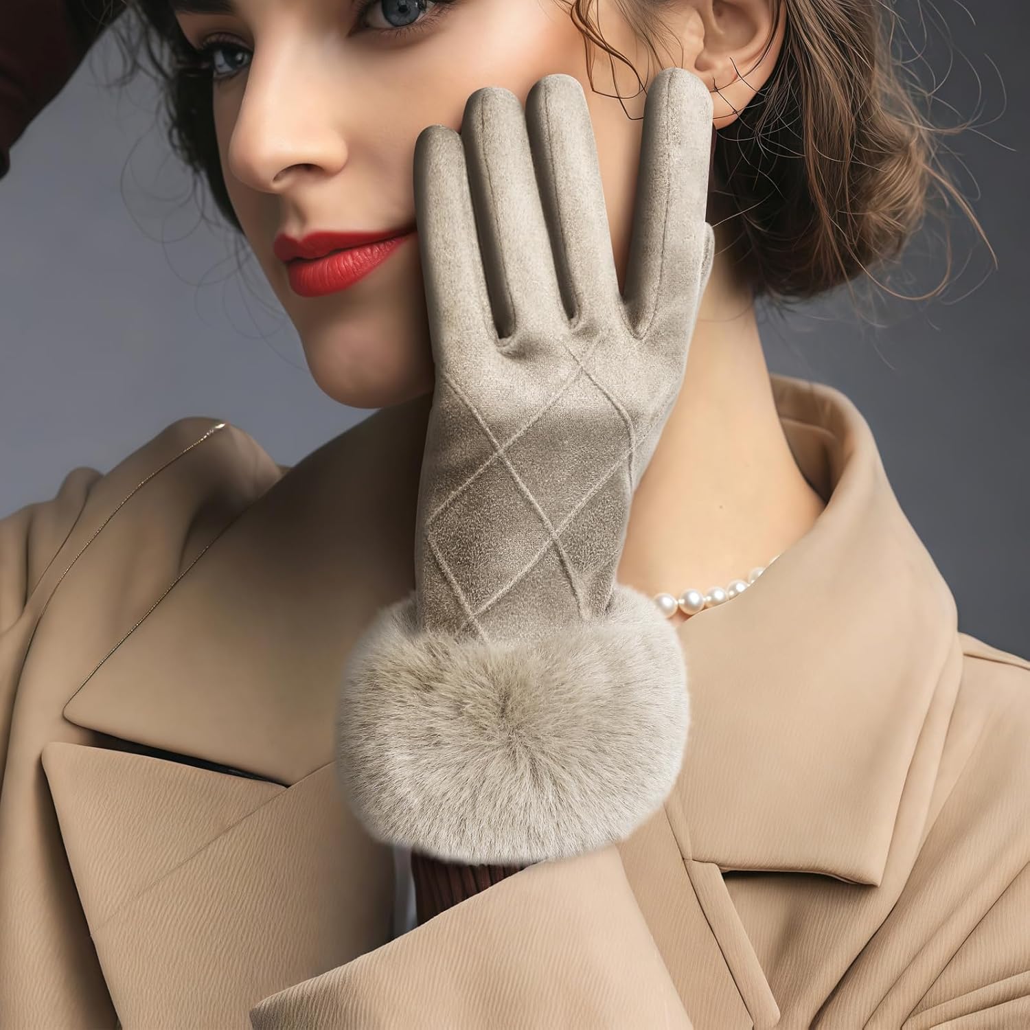 Women's Winter Suede Gloves with Fur Cuffs, Soft, Warm, Touchscreen, Fleece Lined - Image 3