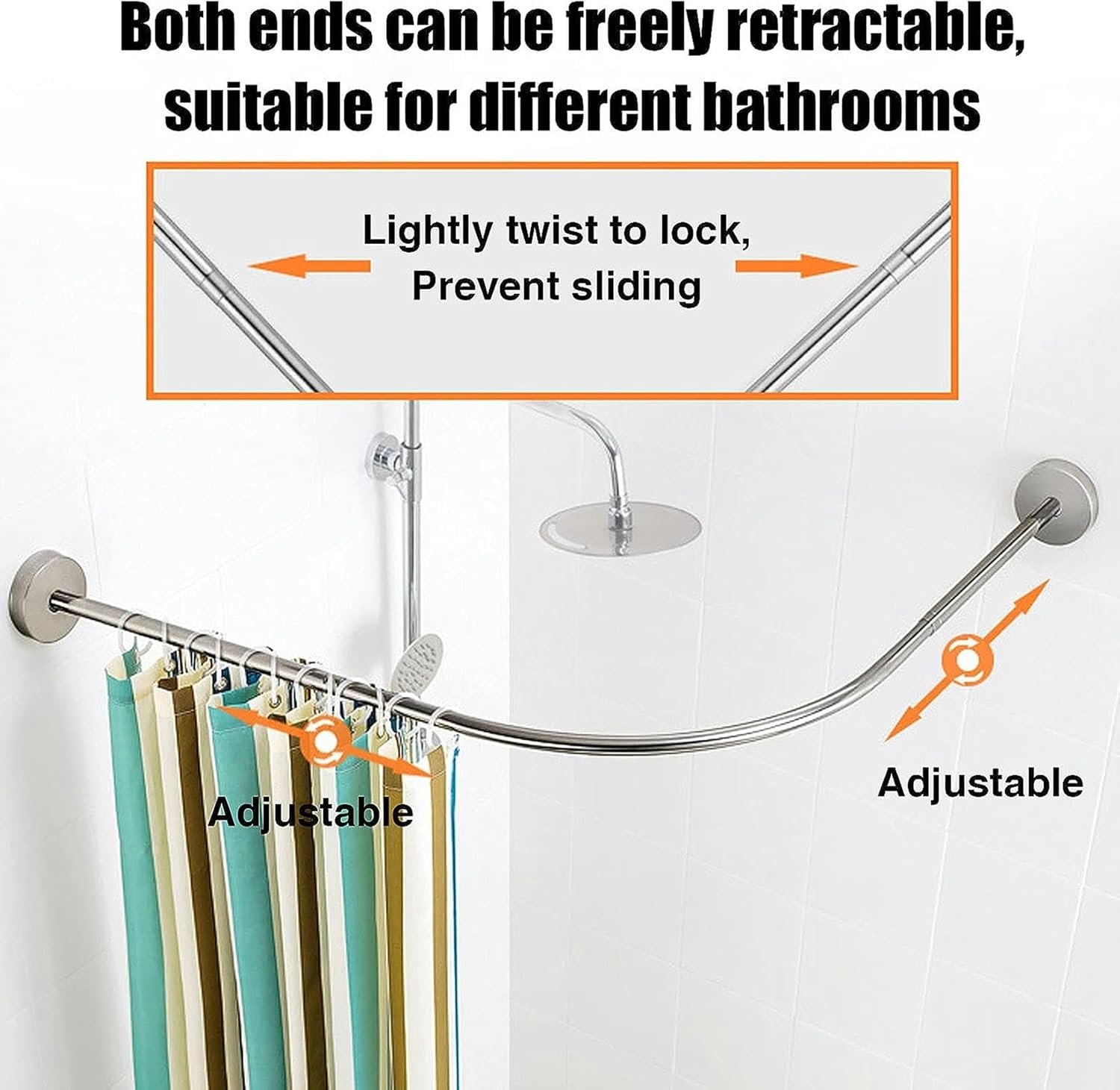 L Shaped Shower Curtain Rod Adjustable, Corner Shower Curtain Rod, with Hooks and Shower Curtain,Bathroom Shower Rod No Drill No Rust, Shower Curtain Rail