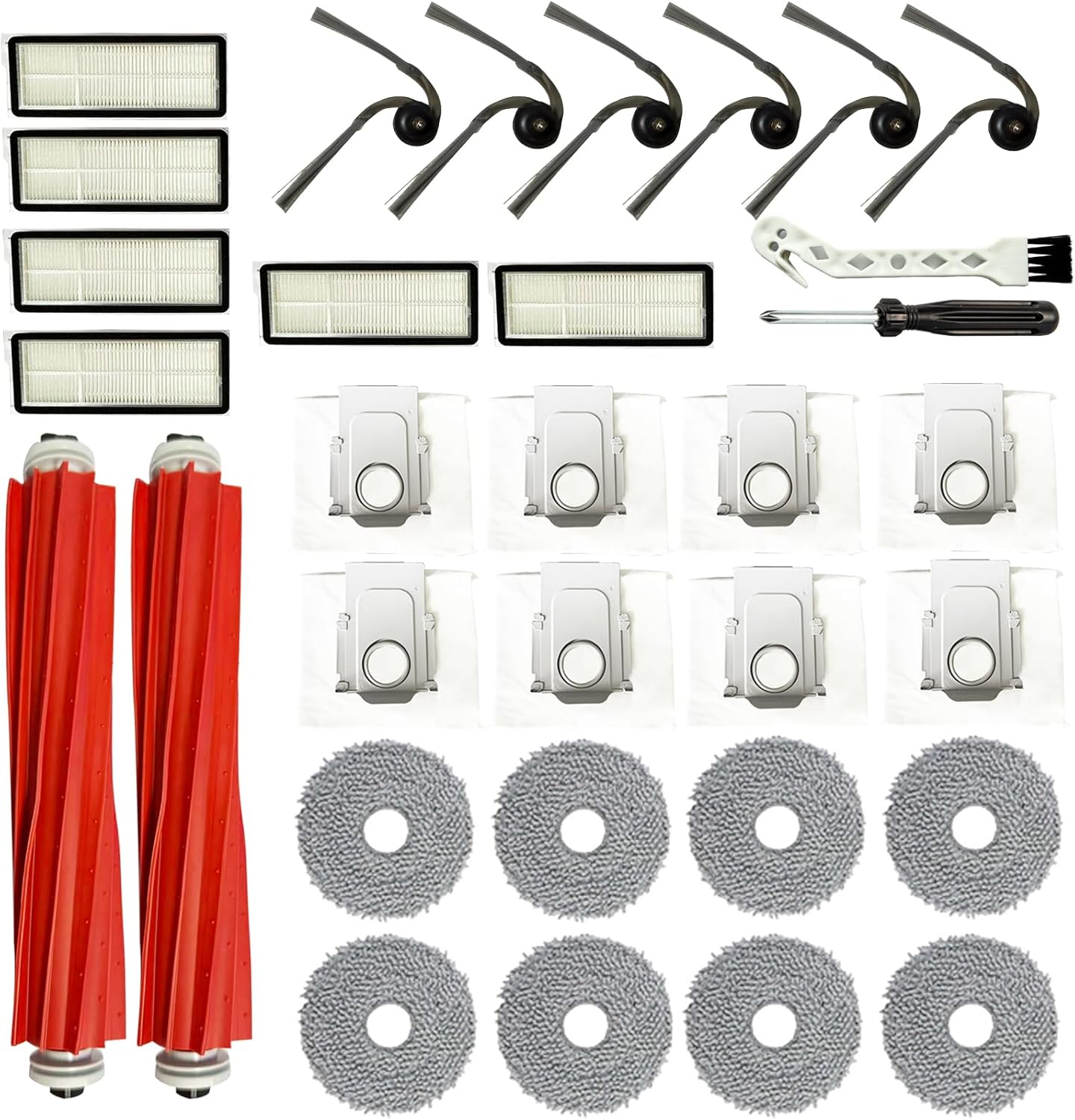 (32 Pack) Replacement Accessories for Roborock QV 35A / QV 35S Robot Vacuum, 2*Main Brushes, 6*Side Brushes, 6*Filters, 8*Mop Pads, 8*Dust Bags, 2*Tools