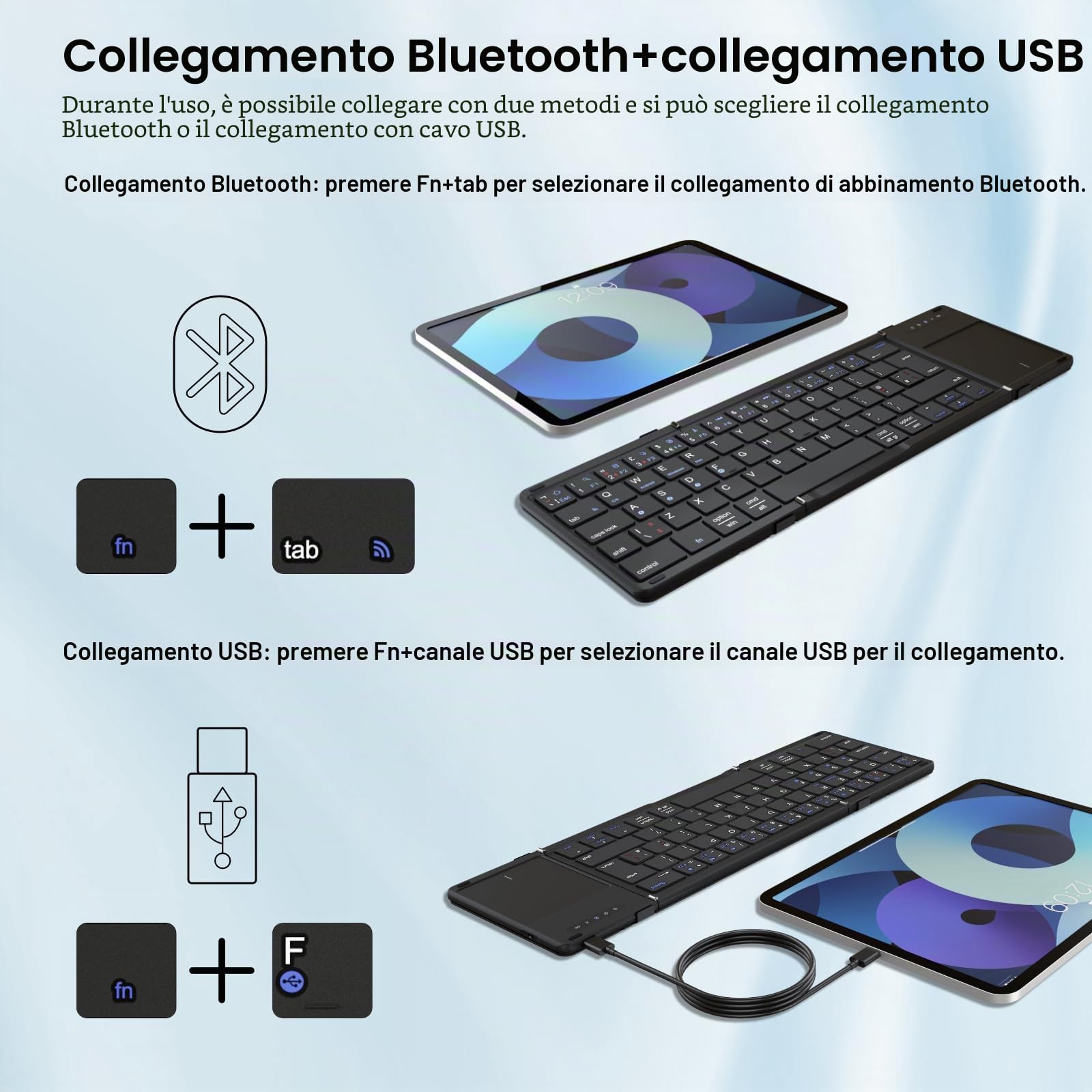 Tastiera Bluetooth pieghevole con touchpad, collega quattro dispositivi, connessione Bluetooth + cavo USB, QWERTZ tedesco con trackpad, per iOS, Android, Windows, laptop, PC