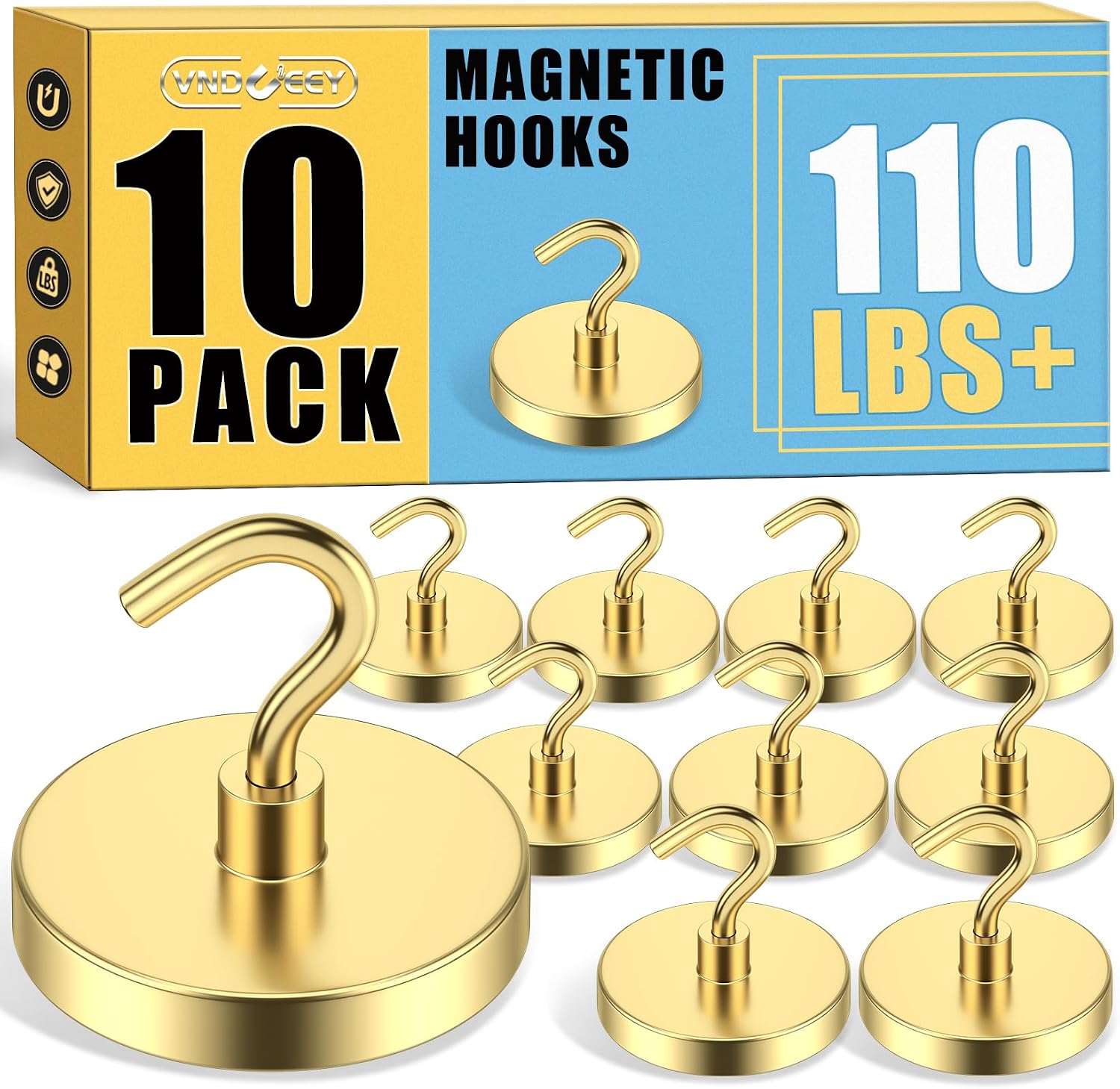 VNDUEEY Magnetic Hooks Heavy Duty, 110 Lbs Super Neodymium Metal Hooks for Hanging, Strong Magnets with Hook for Fridge, Cruise Magnet Hooks for Coat, Banner, Toolbox, and Storage (Gold, Pack of 10)