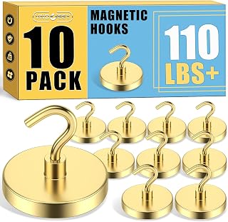 VNDUEEY Magnetic Hooks Heavy Duty, 110 Lbs Super Neodymium Metal Hooks for Hanging, Strong Magnets with Hook for Fridge, Cruise Magnet Hooks for Coat, Banner, Toolbox, and Storage (Gold, Pack of 10)