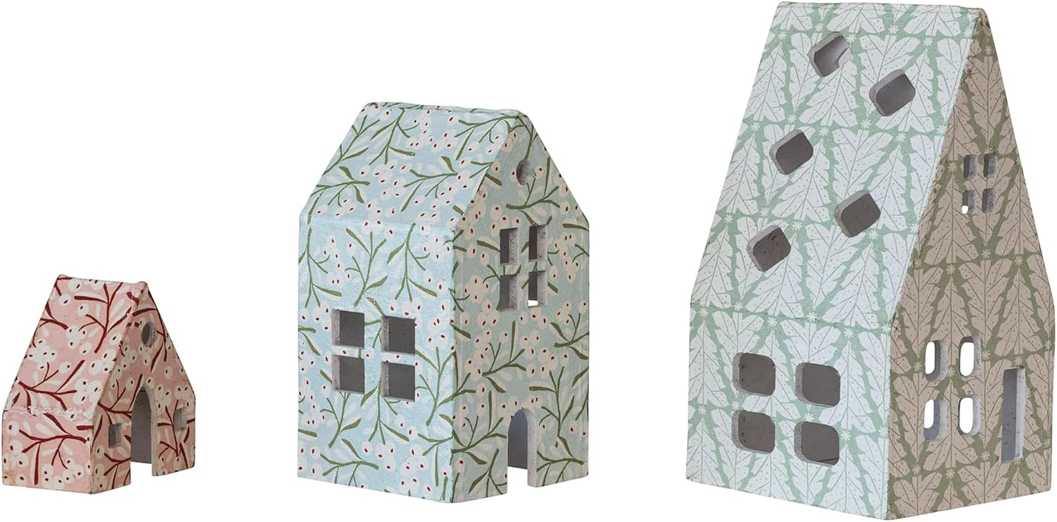 Creative Co-Op Printed Paper Mache Houses with Berry and Tree Patterns, Multicolor, Set of 3