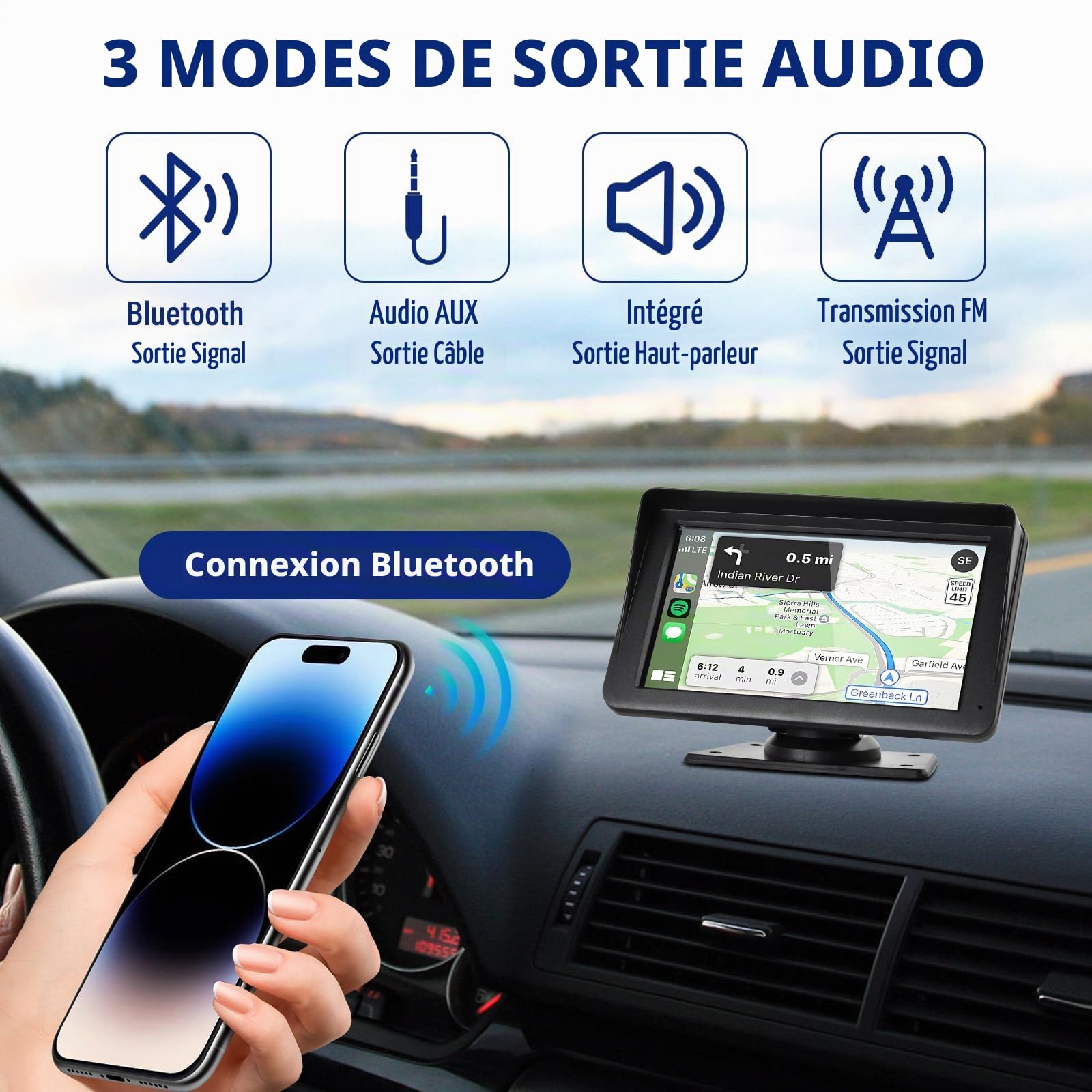 Stéréo sans Fil Carplay et Android, Écran Tactile 7" Partagé, Autoradio Bluetooth, Commande Vocale, Navigation GPS