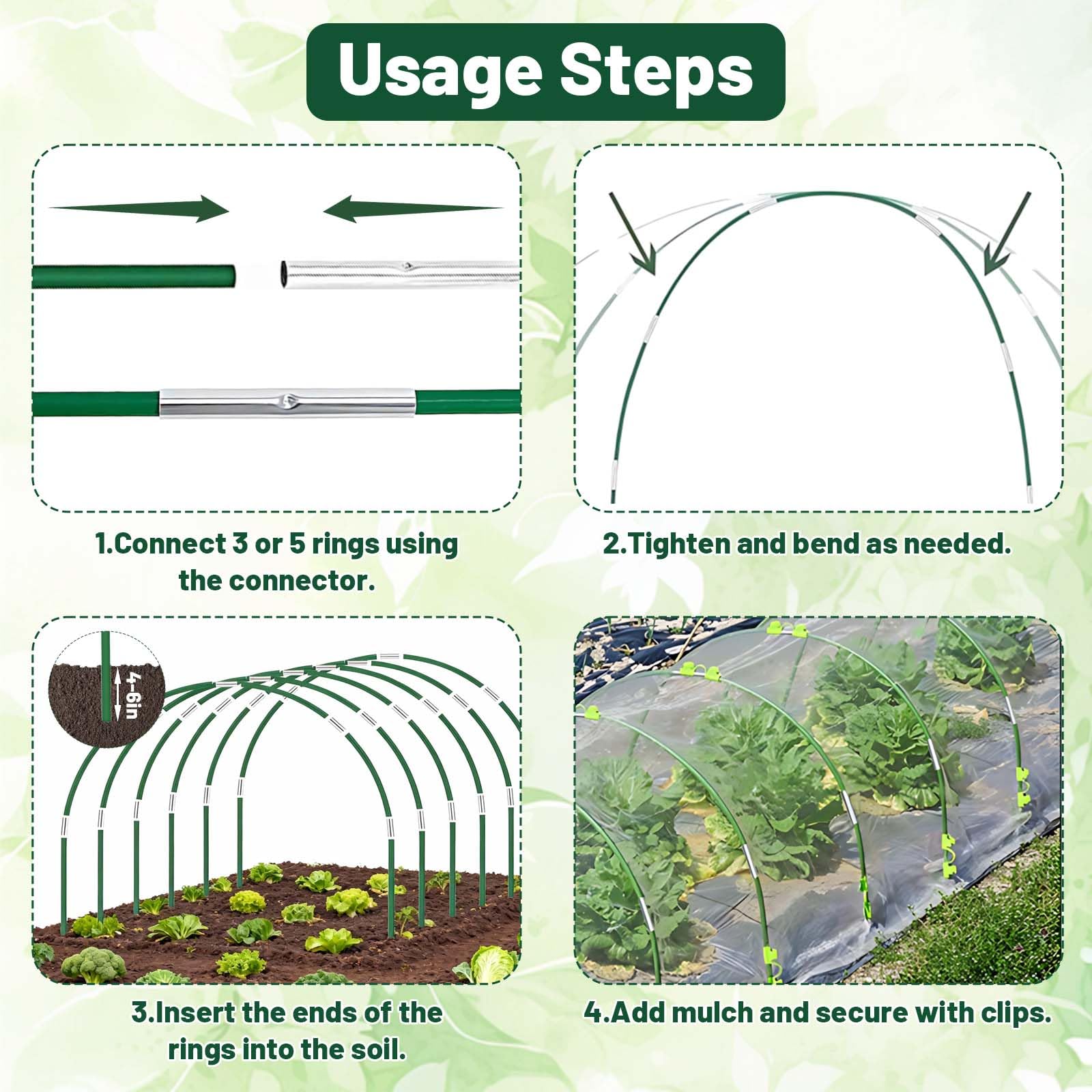 Arcos para Invernadero, 30 Piezas Aros de Invernadero de Fibra de Vidrio con 18 Clips,Flexibles para Túnel de Cultivo, Estructura Flexible y Antioxidante para Cubierta de Plantas e Invernadero
