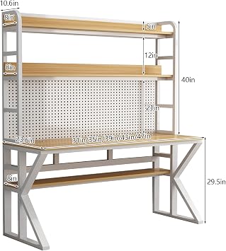 Computer Desk with Storage Shelves & Pegboard, Solid Wood Writing Desk Large Study Writing Workstation Table Modern Home Office Desk(47