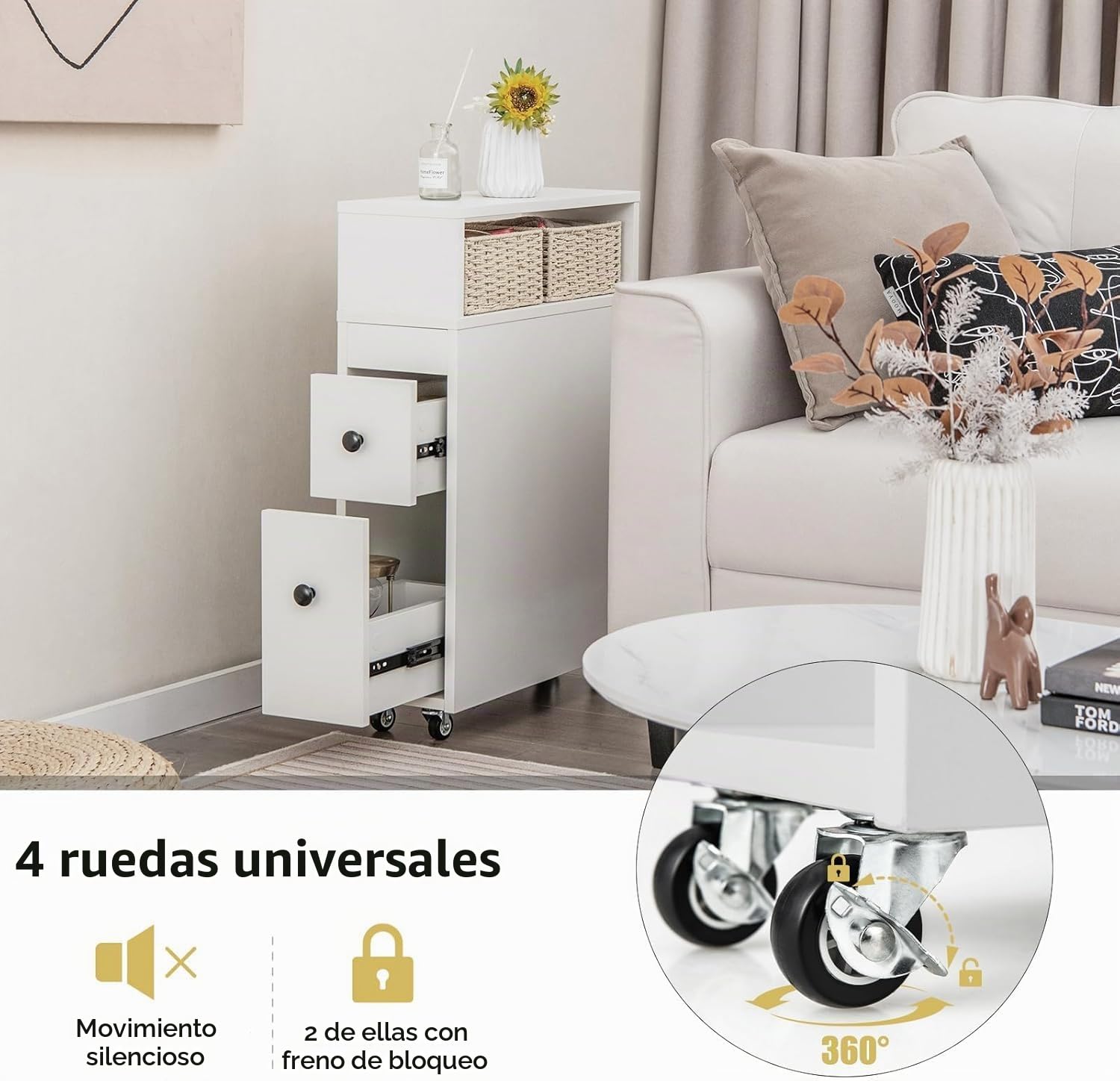 FANTASK Carrito nicho con Ruedas, 50 x 19 x 72 cm, cajones de Mimbre y portaescobillas, Armario Estrecho para baño, Color Blanco