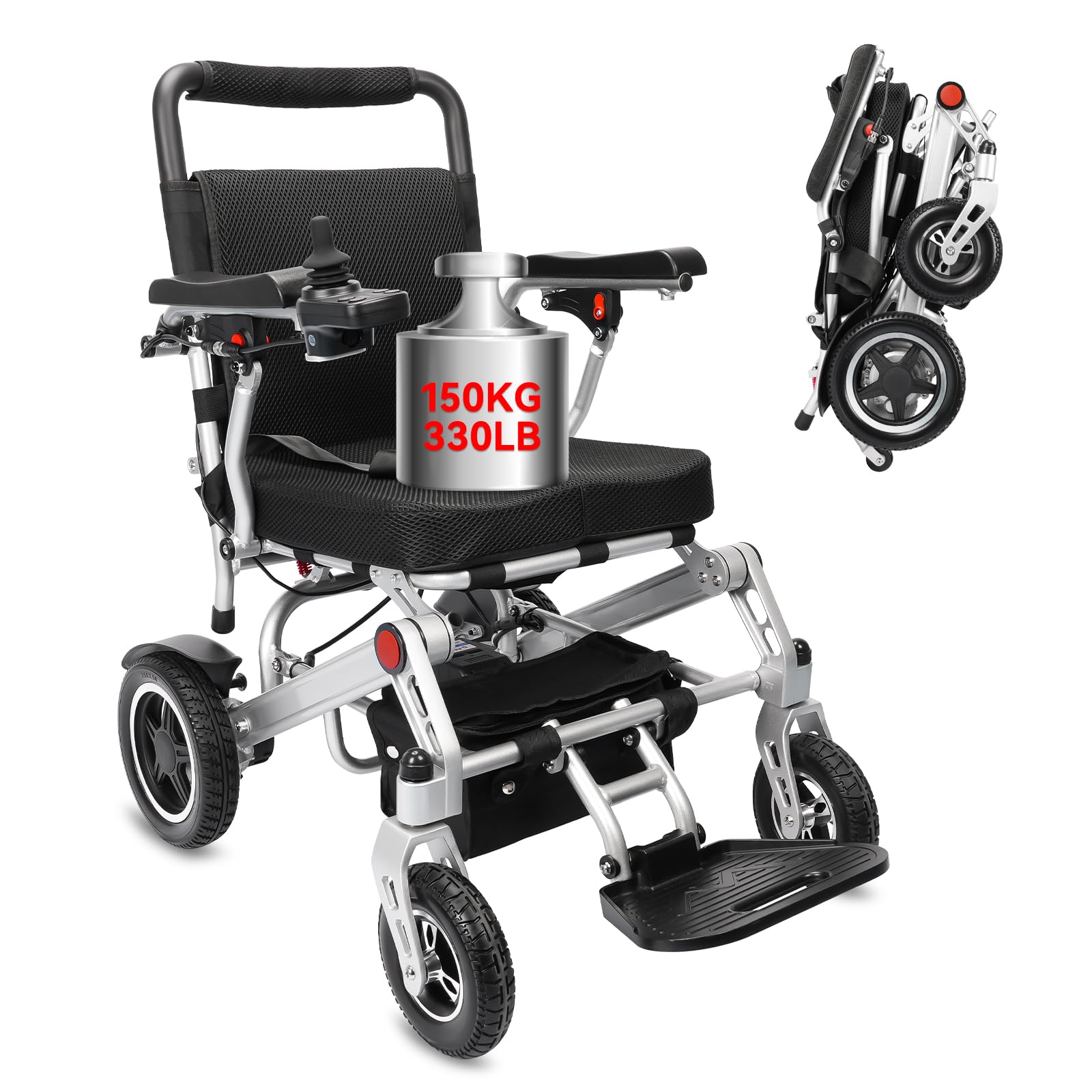 Sedia a rotelle elettrica pieghevole, leggera, 20,5 kg, supporta 150 kg, ideale per anziani e disabili, portata 20 km, design intuitivo, in alluminio ultraleggero, per viaggiare in comfort e stile