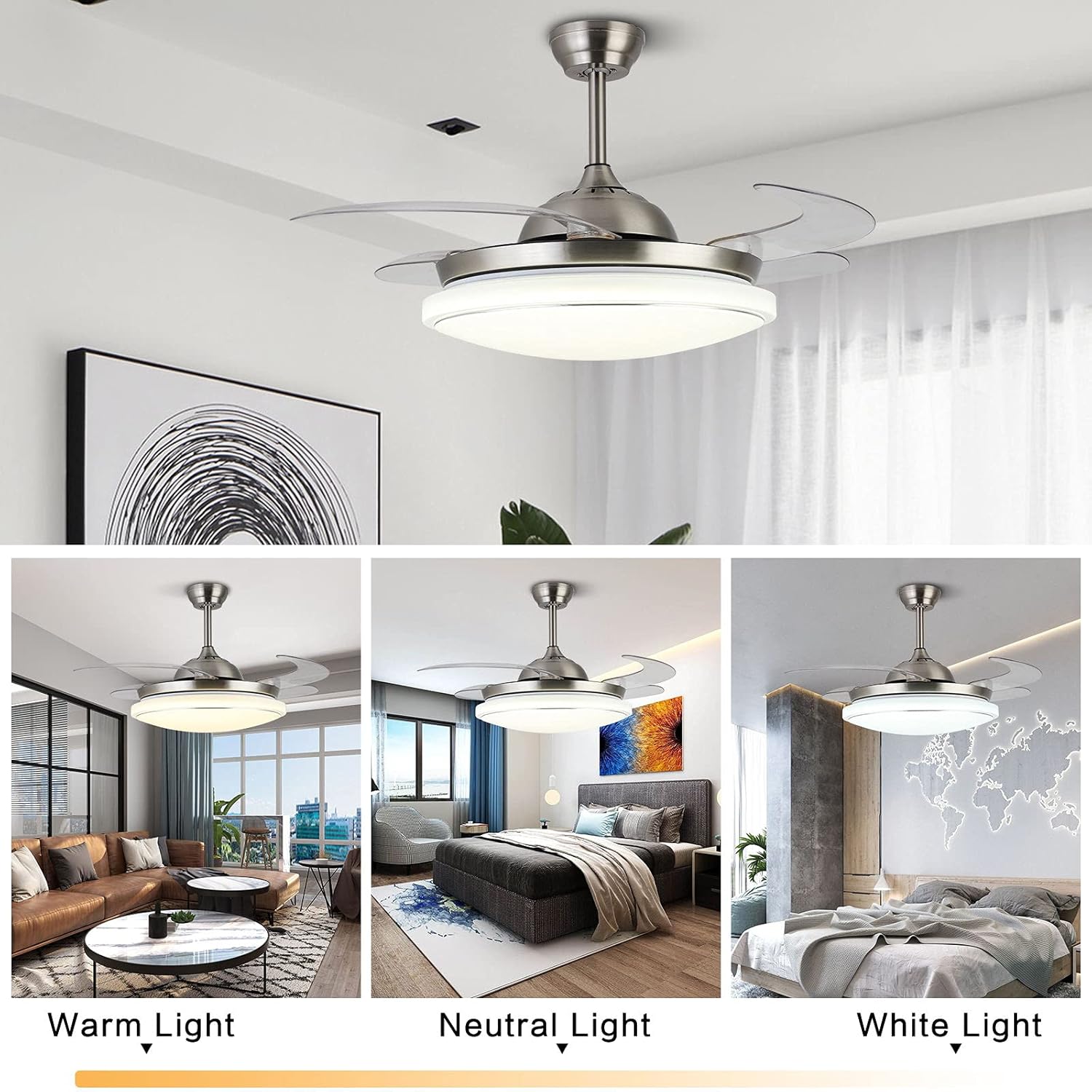 42 Inch Retractable Ceiling Fan with Light and Remote Control 3 Light color Change Invisible Blades Ceiling Fan Chandelier Modern LED Fandelier Ceiling Fan for Bedroom Living Room,36W,Silver