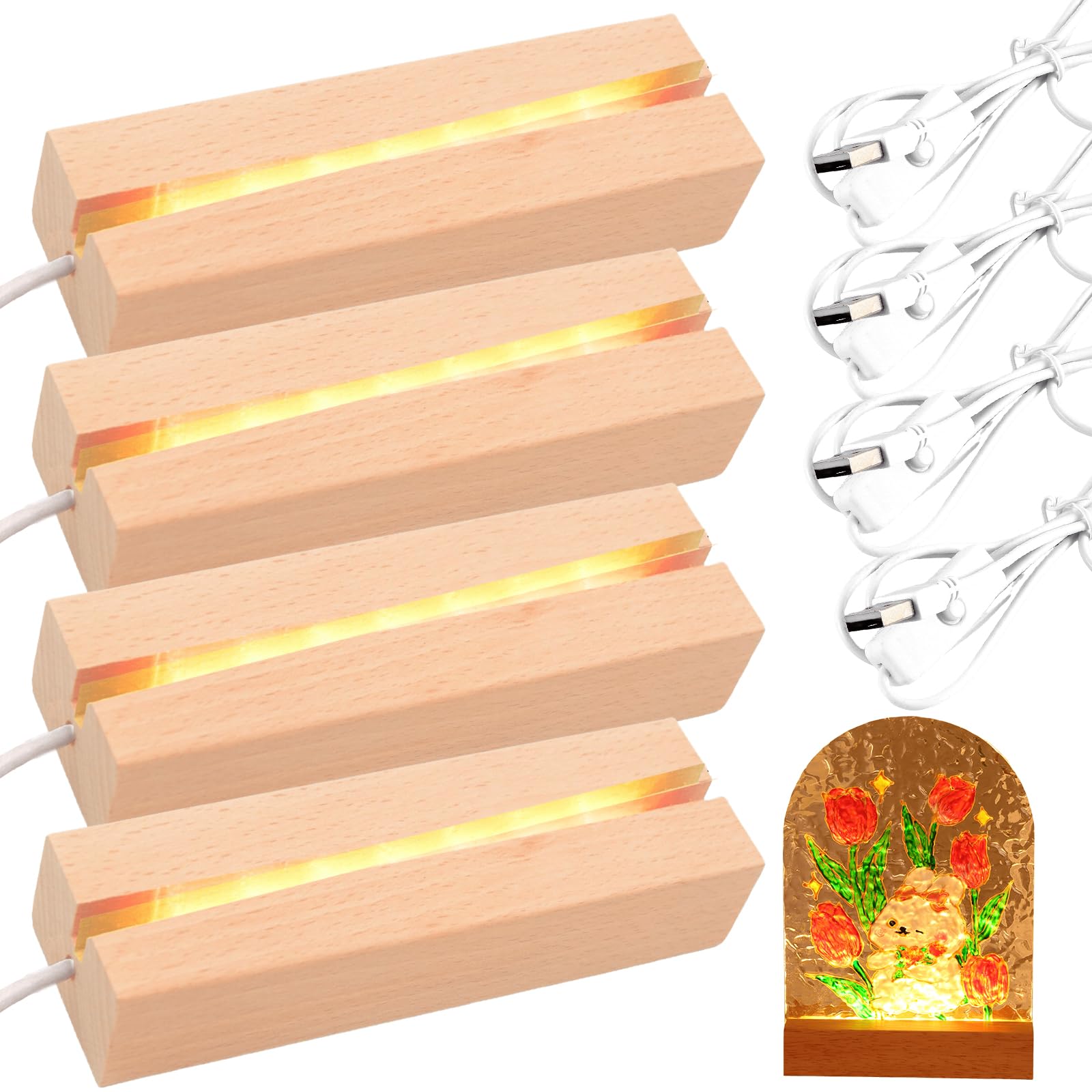 Socle Bois Led Acrylique Lot De 4 Socles Lumineux LED Munloo - Base Bois Pour Présentation Cristal, Résine, Bijoux Socle Exposition Acrylique