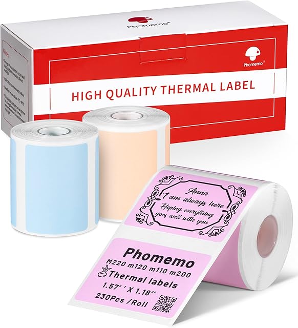 Phomemo M220 M110 Labels,Thermal Color Label,1.57'' x 1.18''Square Self-Adhesive Label Sticker Paper for Phomemo M110 M220 M120 M200 Label Maker, for Barcode,Name,Price,Address (Pink / Blue /Khaki