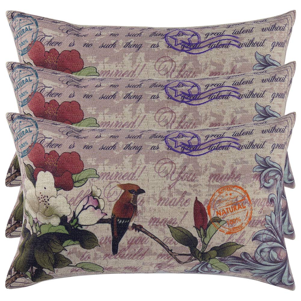 Cotton linen pillowcase pillow cushion natural flower and bird retro pattern wear-resistant washable antibacterial breathable sofa home decoration (3PCS) — image 1