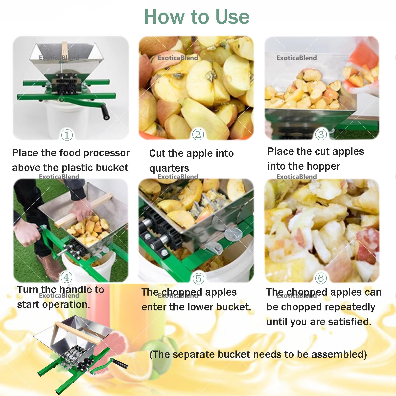 Trituradora de Manzanas y Frutas con Manivela de 7 L, Exprimidor Manual de Acero Inoxidable para Sidra de Temporada y Zumo Fresco Green