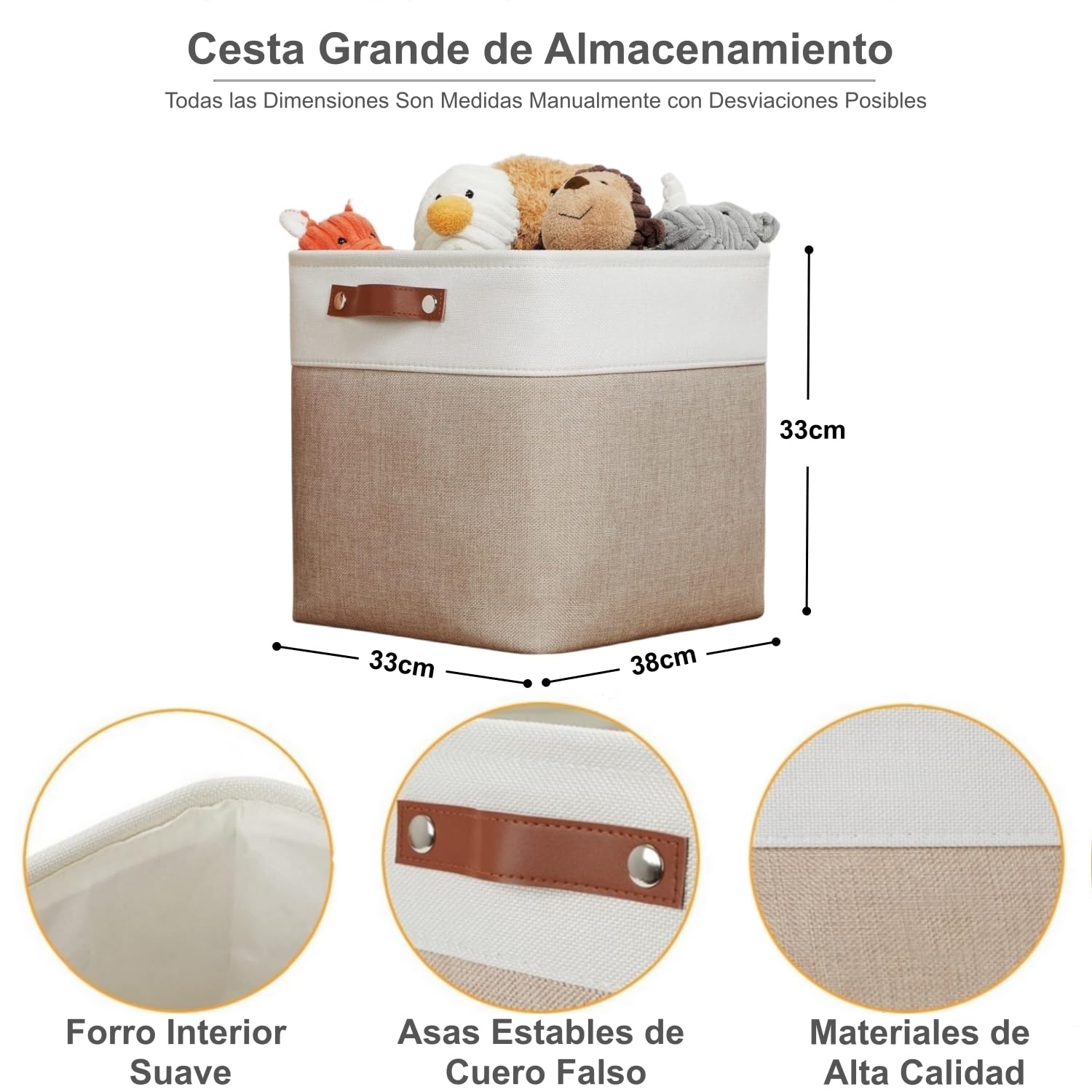 Caja de Almacenamiento de Tela, Juego de 4 Cubos de 33x38x33cm, Cajas de Almacenamiento con Asa de Imitación de Piel para Armarios, Estanterías y Ropa, Color Caqui y Blanco