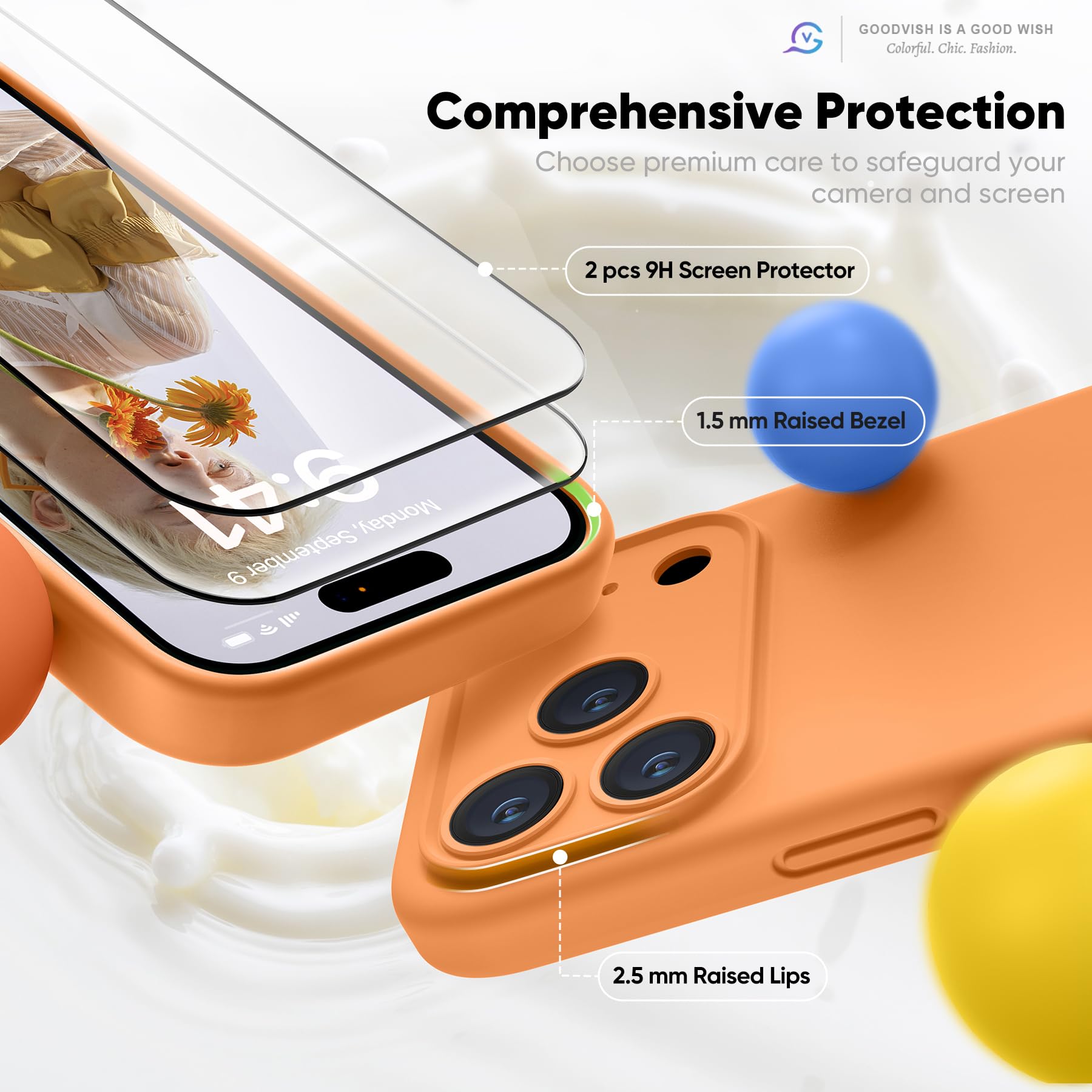 GOODVISH Silicone Cover per iPhone 17 Pro 6.3", Custodia con 2x Vetro Temperato [Pulsante Controllo Fotocamera] 360° Protezione Anticaduta Case per Cellulare Antiurto Resistente, Arancia