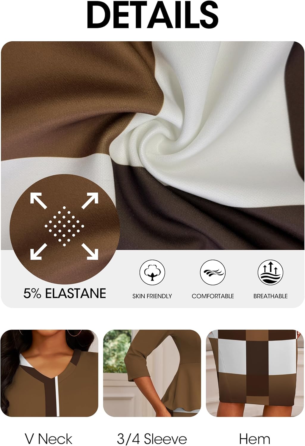 FANDEE Women's Pencil Dresses Midi Bodycon Elegant 3/4 Sleeve Business Work Dress - Image 7