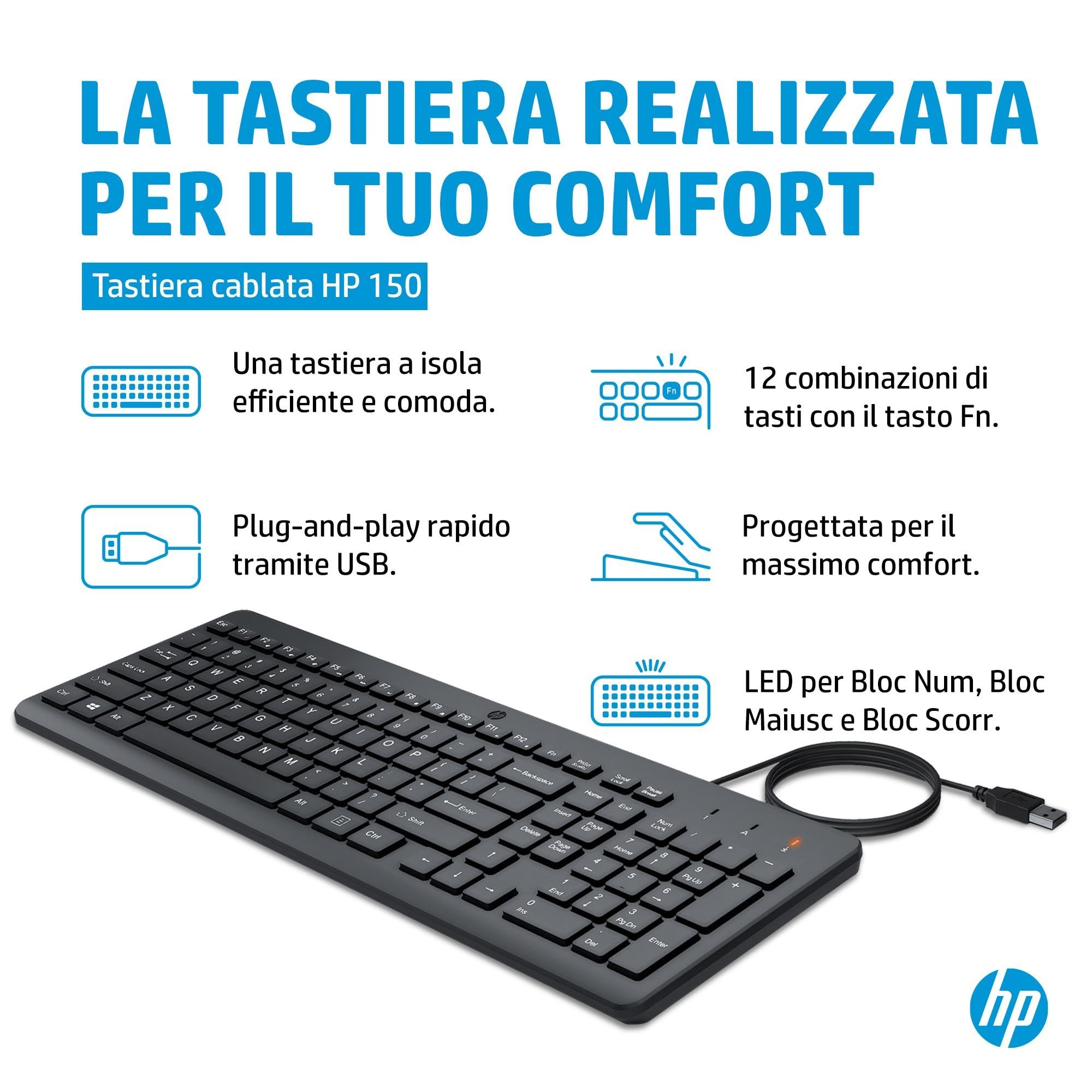 HP 150 Tastiera Cablata, Connessione con Cavo USB-A con la Lunghezza di 1 m, 12 Tasti Programmabili, Tastiera Qwerty, Layout Italiano, Compatibile con Windows 10 e 11, Nera