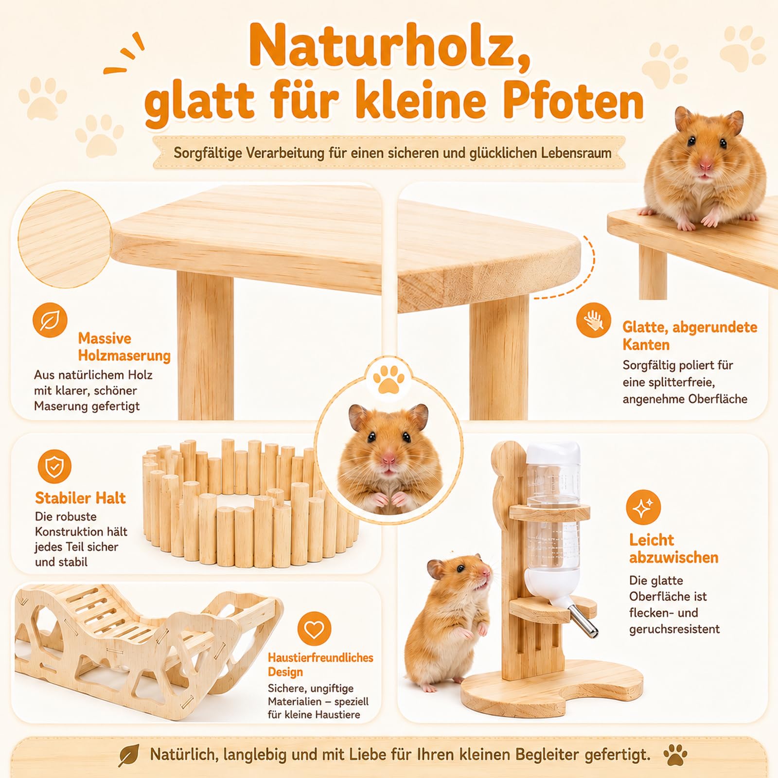Juego de 6 accesorios para hámster de madera natural, parque infantil para hámster con rueda ajustable silenciosa, 2 plataformas, valla de madera, portabotellas y tumbona para hámsters dorados