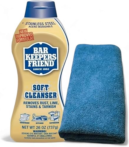 Bar Keepers - Limpiador suave amigo (26 onzas) incluido con un paño de limpieza de microfibra resistente de 16 x 16 pulgadas
