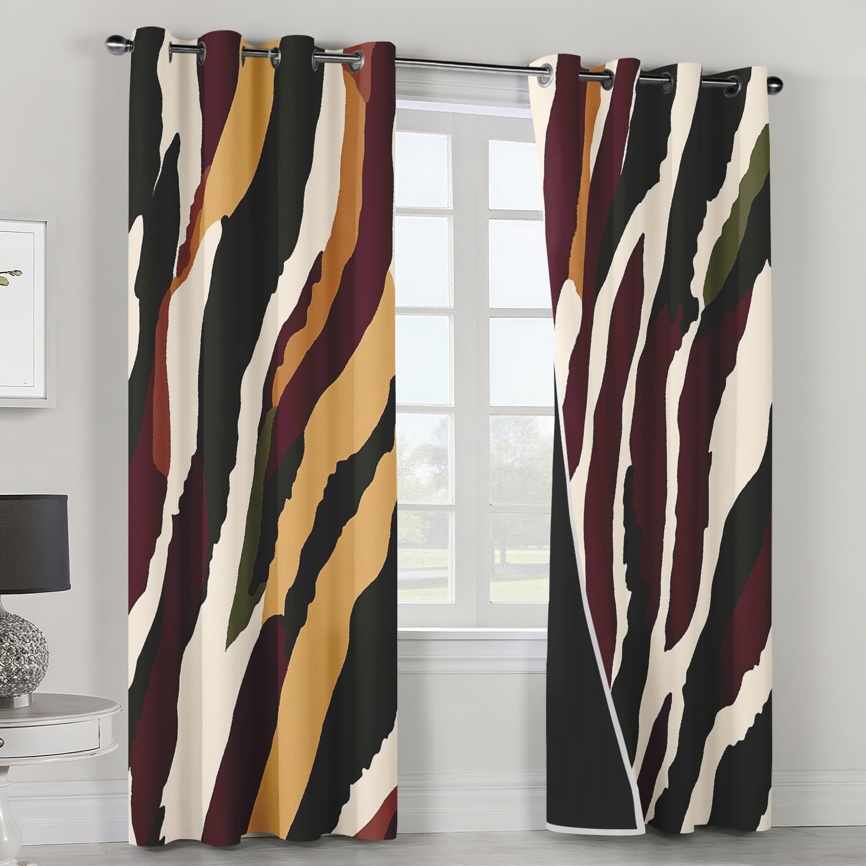 Générique Rideau Occultant Rayures Abstrait Salon, Rideaux Thermiques à Oeillets, Motif Rayures de Zèbre Moderne Decoration Chambre Fenetre, Lot de 2 Draperies Intérieurs 140x200 cm (L x H) L-C&53