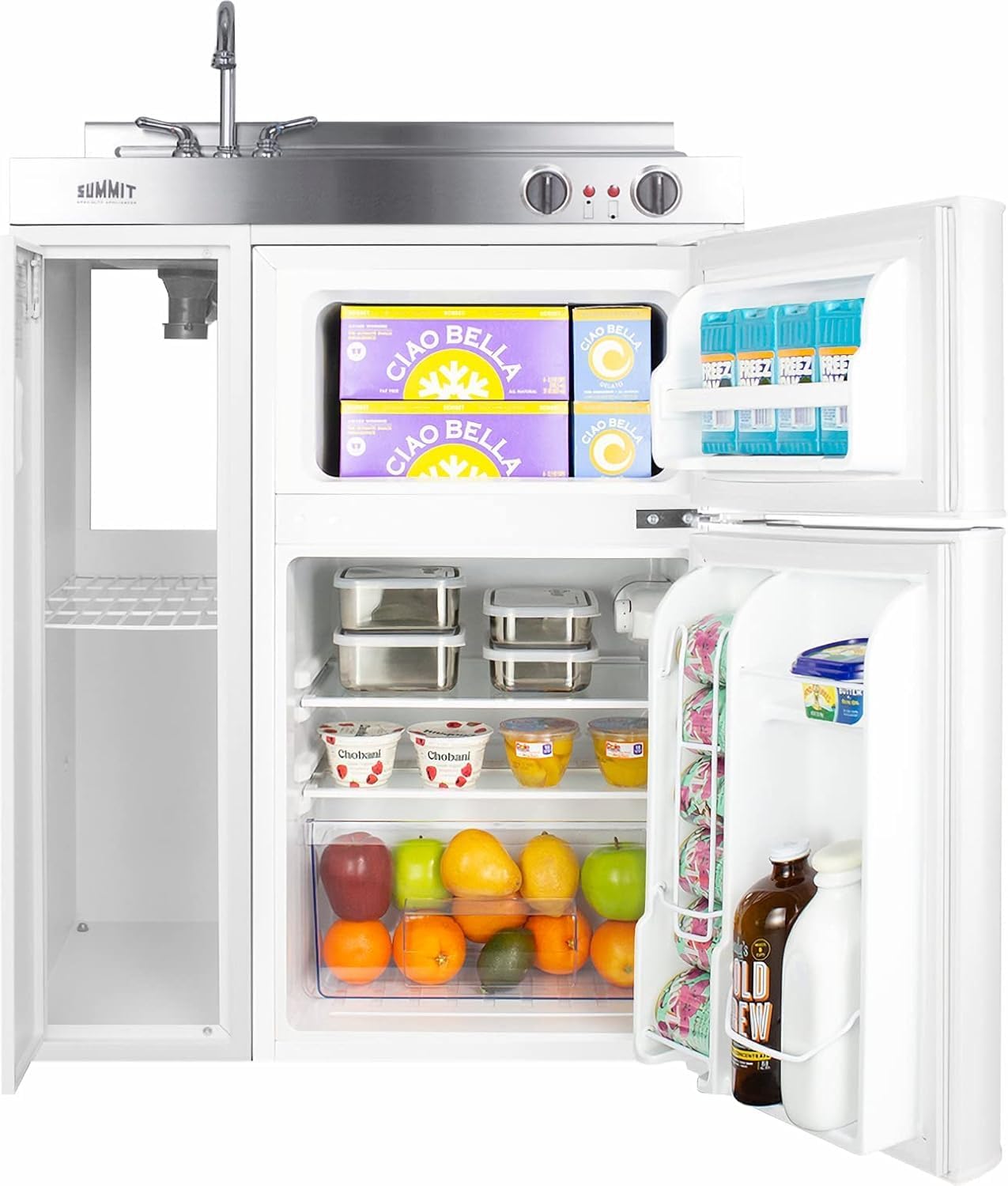 Summit 30" Wide All-In-One Kitchenette, 2-Door Refrigerator-Freezer, 2-Burner Cooktop, Sink, and Storage, White- C30EL