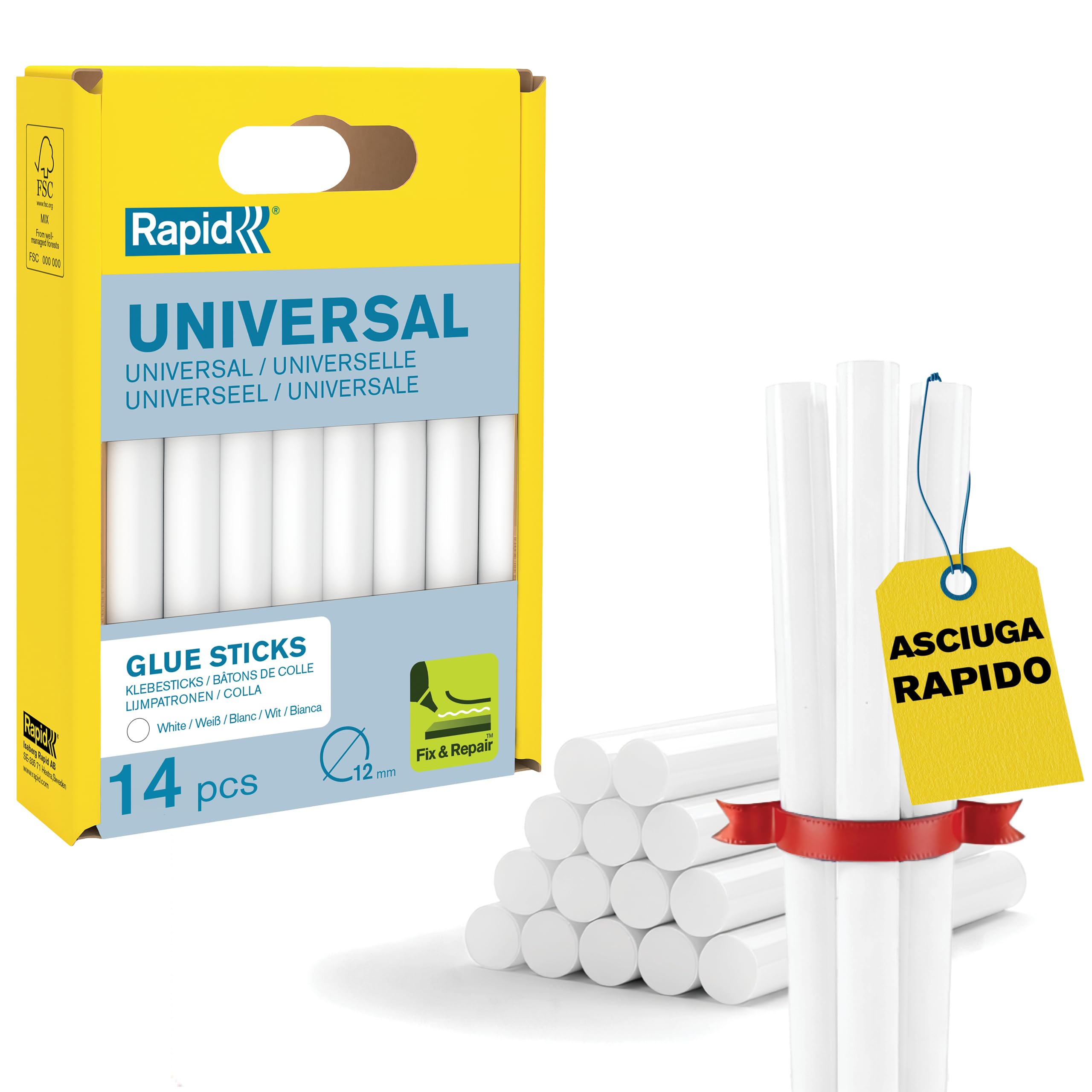 Rapid Confezione da 14 Stick di Colla Universali, Diametro 12 mm x 94 mm, Colore Bianco, Contiene Alti Livelli di Resina, Senza Solventi, Incollaggio Rapido (40107355)